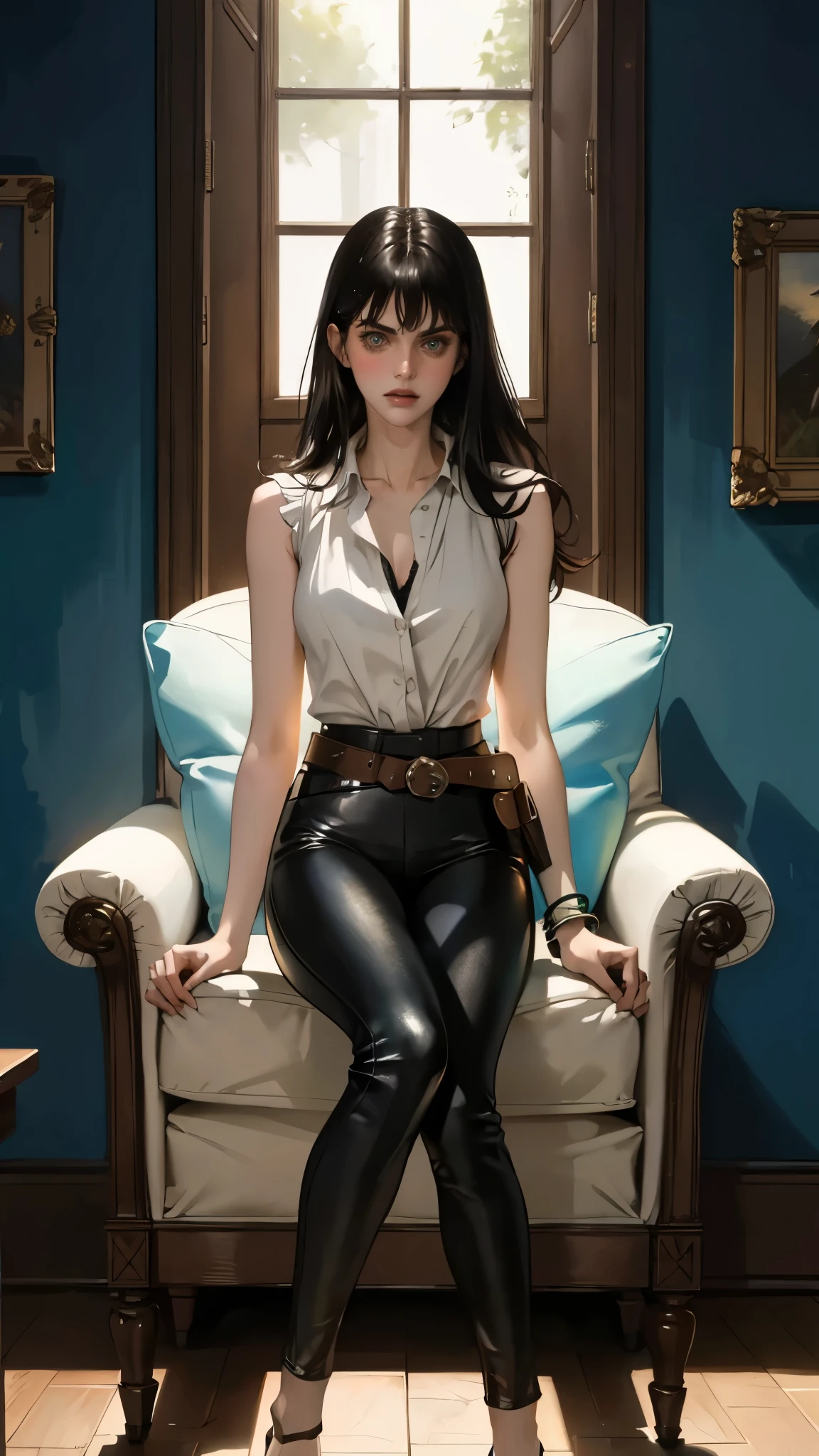 A beautiful woman with long shiny black hair, choppy bangs, a delicate face, a cold proud gaze, a fit figure, a fantasy-style high-necked leather breastplate top, sleeveless, exposes her waist, a bracelet adorns her wrist, tight-fitting leather pants, her right hand holds a longsword with a blue scabbard, she lounges casually sitting on a sofa, this character embodies a finely crafted fantasy-style bounty hunter in anime style, exquisite and mature manga art style, (Alexandra Daddario:1.2), high definition, best quality, highres, ultra-detailed, ultra-fine painting, extremely delicate, professional, anatomically correct, symmetrical face, extremely detailed eyes and face, high quality eyes, creativity, RAW photo, UHD, 32k, Natural light, cinematic lighting, masterpiece-anatomy-perfect, masterpiece:1.5