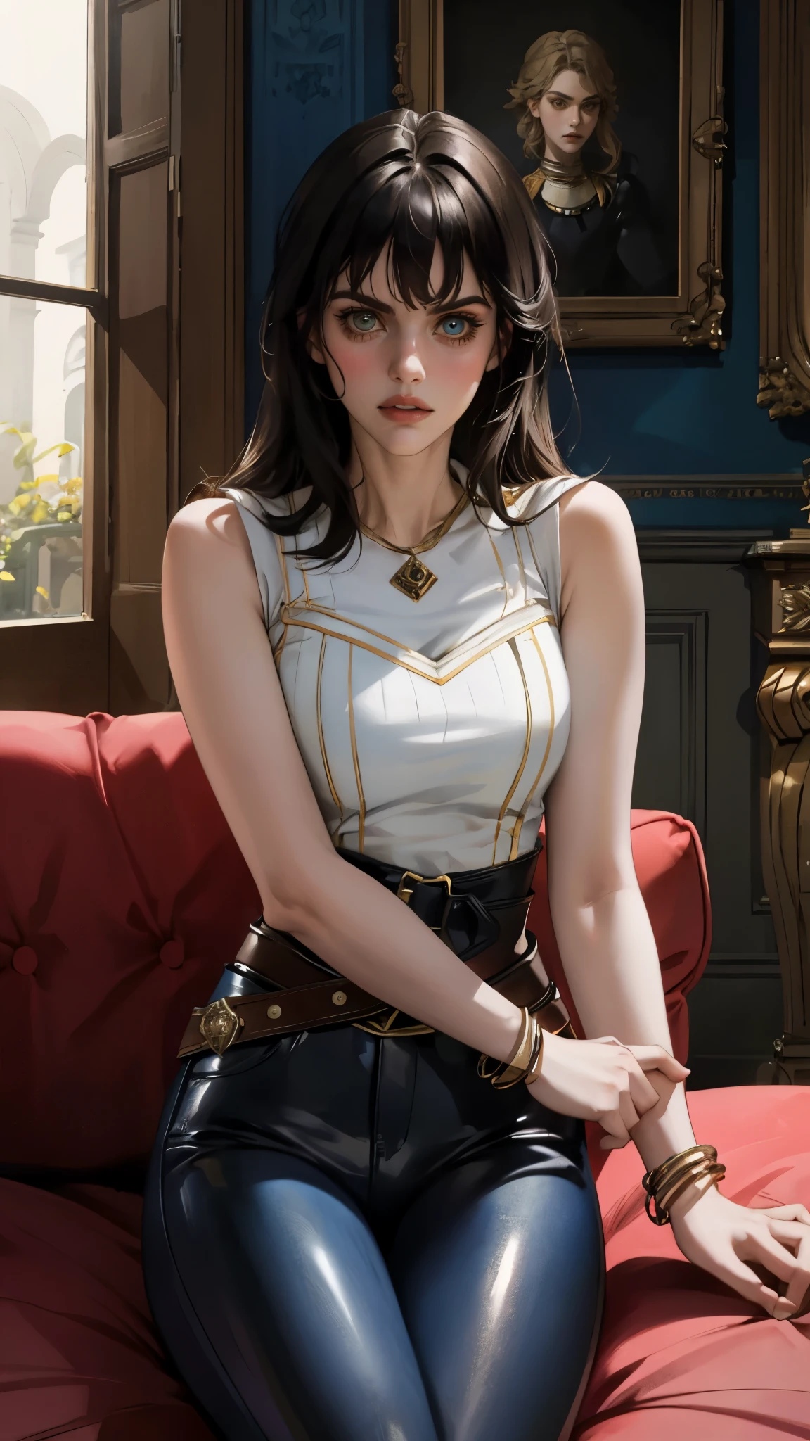 A beautiful woman with long shiny black hair, choppy bangs, a delicate face, a cold proud gaze, a fit figure, a fantasy-style high-necked leather breastplate top, sleeveless, exposes her waist, a bracelet adorns her wrist, tight-fitting leather pants, her right hand holds a Katana with a blue scabbard, she lounges casually sitting on a sofa, this character embodies a finely crafted fantasy-style bounty hunter in anime style, exquisite and mature manga art style, (Alexandra Daddario:1.2), high definition, best quality, highres, ultra-detailed, ultra-fine painting, extremely delicate, professional, anatomically correct, symmetrical face, extremely detailed eyes and face, high quality eyes, creativity, RAW photo, UHD, 32k, Natural light, cinematic lighting, masterpiece-anatomy-perfect, masterpiece:1.5