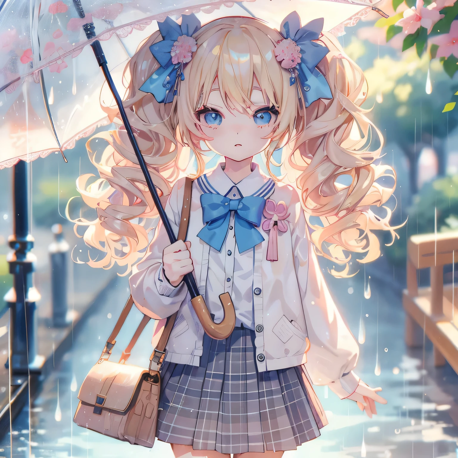 Long blonde hair anime girl holding an umbrella in the rain, splash art anime , anime style 4k, cute anime girl, anime art wallpaper 4k, anime art wallpaper 4k, anime art wallpaper 8k, beautiful anime art style, cute realistic portrait, beautiful anime girl, cute anime girl, cute art style, beautiful anime high school girl