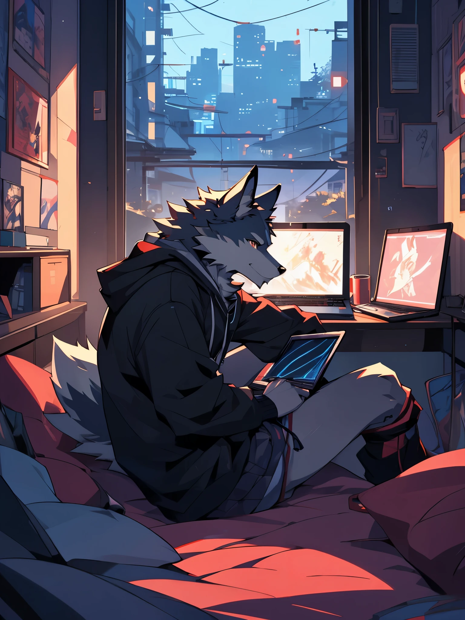 there is a Wolf man sitting on a bed with a laptop, pov furry art, furry art, furry art!!!, very very beautiful furry art, commission for high res, furry digital art, late morning, calm night. digital illustration, full res, early morning mood, late at night, waking up, high res, dreamy night, in the night, lofi artstyle, anime style 4 k, inspired by Liam Wong, anime style. 8k, 4k anime wallpaper, anime art wallpaper 8 k, 2 d art, 2d art, badass anime 8 k, by Yuumei, anime art wallpaper 4k, (Wolf Tail)