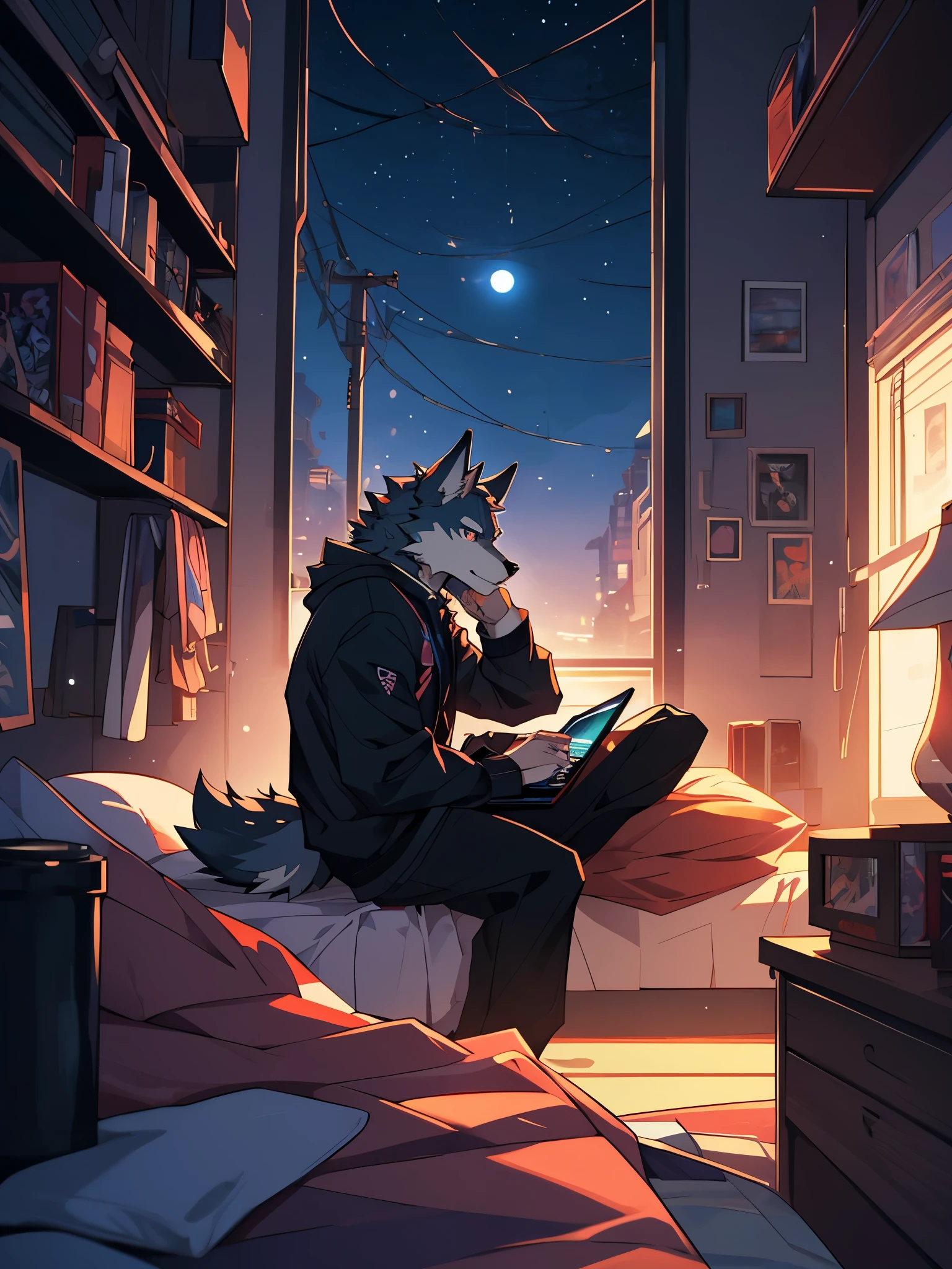 Anthro male wolf, concept art, shorts, sitting, realistic expression, muscular, solo, bedroom, looking at dick, holding head, night ambience