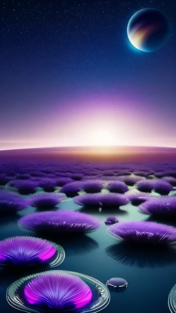 In the vast expanse of the cosmos lies an alien landscape, a masterpiece of otherworldly beauty, trending on art stations and CG societies worldwide. The terrain is a labyrinth of intricately textured hills, their surfaces dotted with slimy pools that shimmer under the ethereal glow of nebulous, glowing flower-shaped clouds. Towering, melting structures of unknown origin dot the landscape, their badly damaged walls emitting spore clouds that dance in the air.

The alien sky above is a breathtaking canvas of liquid clouds that blend and morph, their colors ranging from vibrant pinks to deep purples and blues. The sun, an enormous, lumin