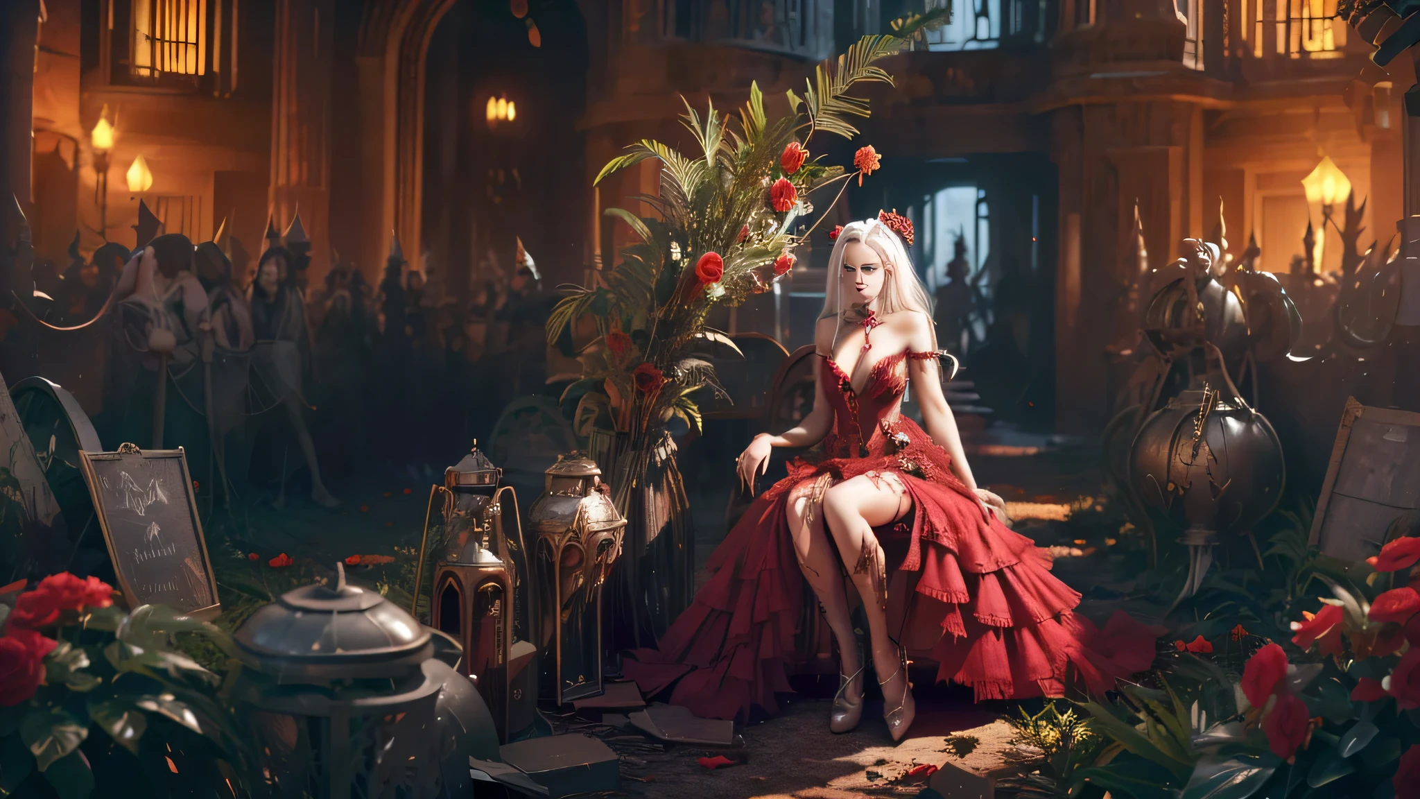 Persephone, full body potrait of a photorealistic beautiful white hair , devilish, messy hair, in a dark garden, hell, gloomy, exotic black and red vilain dress, choker style colar, blood color eyes, detailed face, goth, full body, dark fantasy, red flowers, overcast, foggy