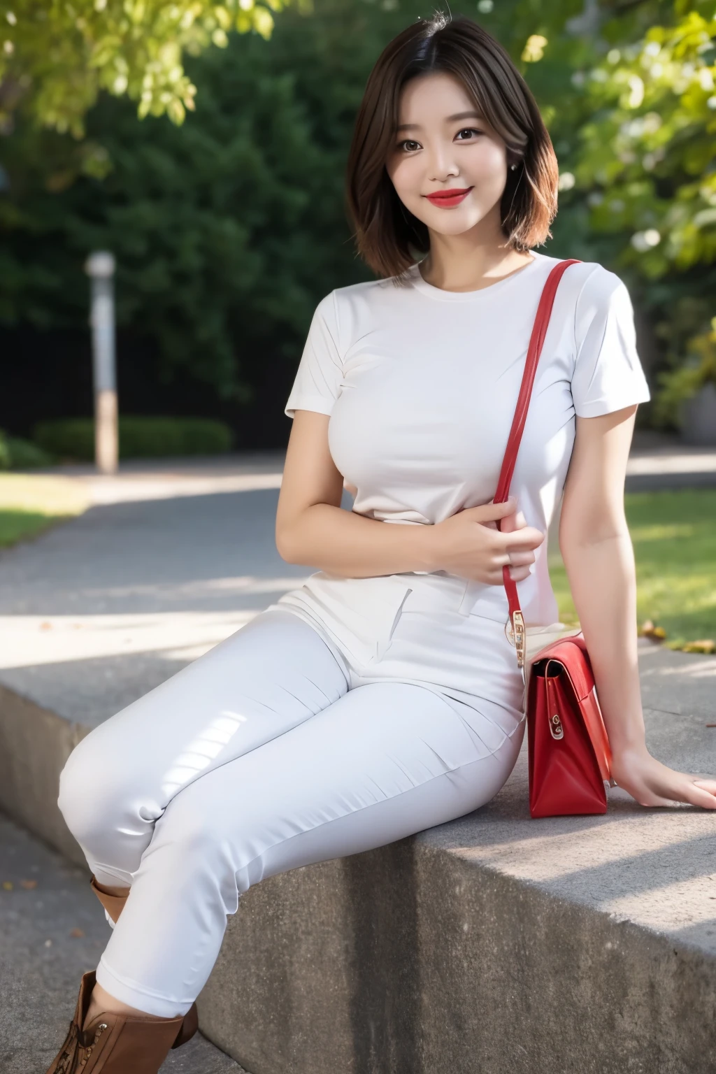 Draw lips correctly, red lipstick, from chest up, best quality, Super detailed, lifelike, Super fine skin, perfect anatomy, (1 日本Mature的女人), (alone)，Wear a white crew neck shirt、， short sleeves，，gray pants，white boots，Holding a red bag in hand，short hair，37-year-old female，Mature，charming smile，outdoor background，stand，Leg length，Chubby，Big breasts，stand up，full-body shot