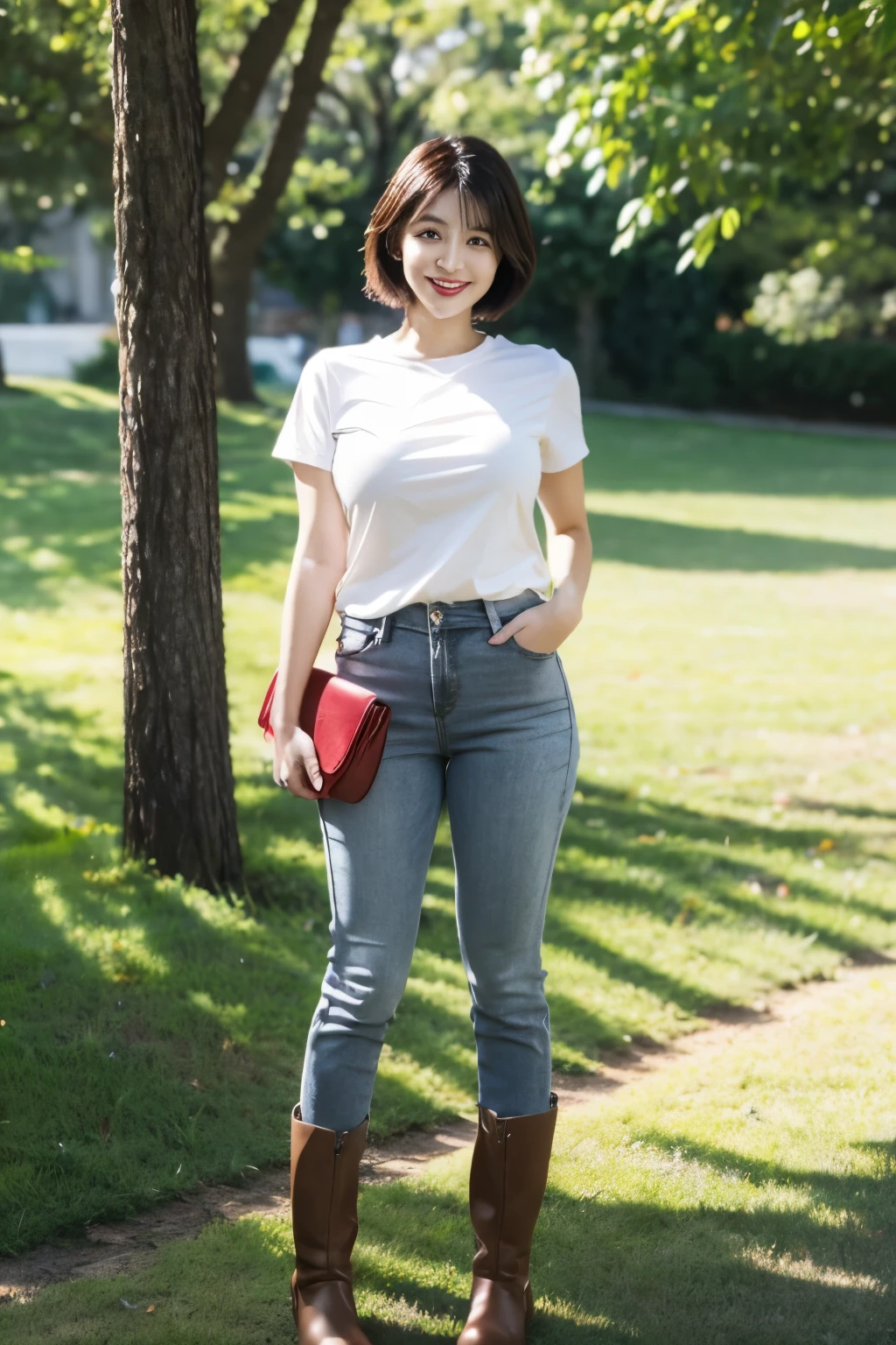 Draw lips correctly, red lipstick, from chest up, best quality, Super detailed, lifelike, Super fine skin, perfect anatomy, (1 日本Mature的女人), (alone),Wear a white crew neck shirt、, short sleeves,,gray pants,white boots,Holding a red bag in hand,short hair,37-year-old female,Mature,charming smile,outdoor background,stand,Leg length,Chubby,Big breasts,stand up,full-body shot