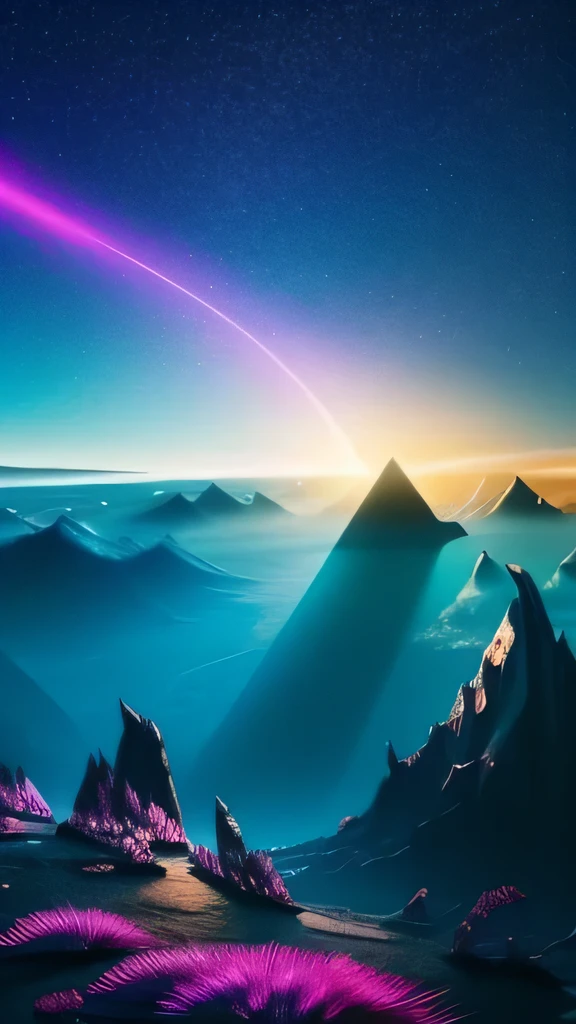 In the vast expanse of the cosmos lies an alien landscape, a masterpiece of otherworldly beauty, trending on art stations and CG societies worldwide. The terrain is a labyrinth of intricately textured hills, their surfaces dotted with slimy pools that shimmer under the ethereal glow of nebulous, glowing flower-shaped clouds. Towering, melting structures of unknown origin dot the landscape, their badly damaged walls emitting spore clouds that dance in the air.

The alien sky above is a breathtaking canvas of liquid clouds that blend and morph, their colors ranging from vibrant pinks to deep purples and blues. The sun, an enormous, lumin