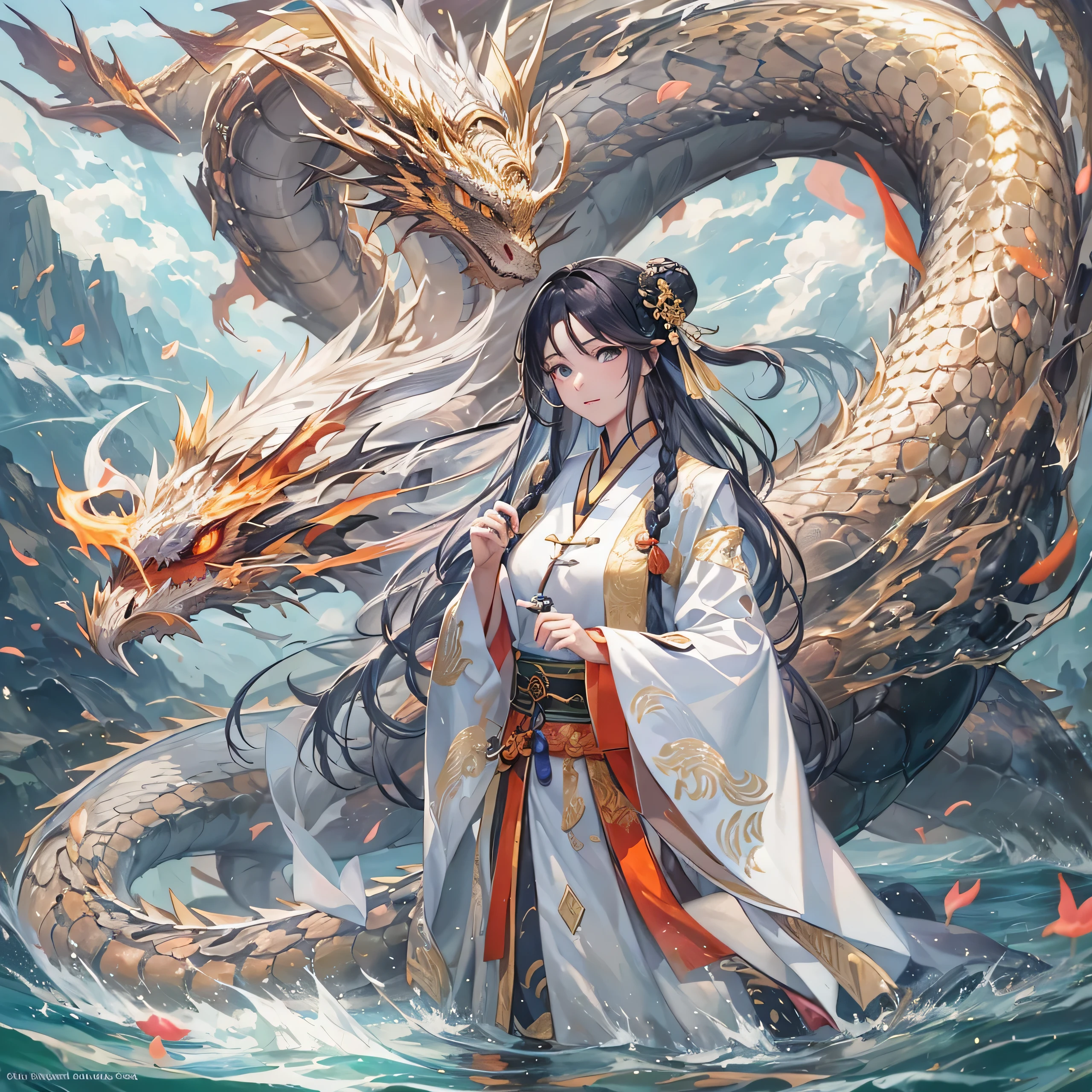 ((4k,masterpiece,highest quality)), Shuimobisim, traditional chinese ink painting, lotus, Hanfu, maxi kit, dress modestly, alone, black long hair, Braid,transparent hair, translucent hair, silky hair, shiny hair, translucent eyes, beautiful brown eyes, smile, Are standing, feet in the water, barefoot,break,dragon, madeon,(concentration line, speed lines:1.1),A picture of a dragon with a big head and big wings, d&ddragon art commission, magnificent dragon, white dragon, alduin, giant dragon as background, wyvern, legendary dragon, huge dragon in the background, majestic gothic dragon, scarred dragon, like a dragon, dragon、our seeds,anime, dragon, fantasy, artwork, artwork, artwork, artwork, artwork, artwork, painting, painting, painting, painting, painting, painting, battle with dragon, dragon in the background, by ヤン・J, man with the soul of a dragon, fighting a dragon, dragon art, i just saw a huge dragon, By Ryan Yee, epic dragon, by Li Zai,(god holyな,god holy,god,white and gold:1.5),(facing right,battle:1.6)