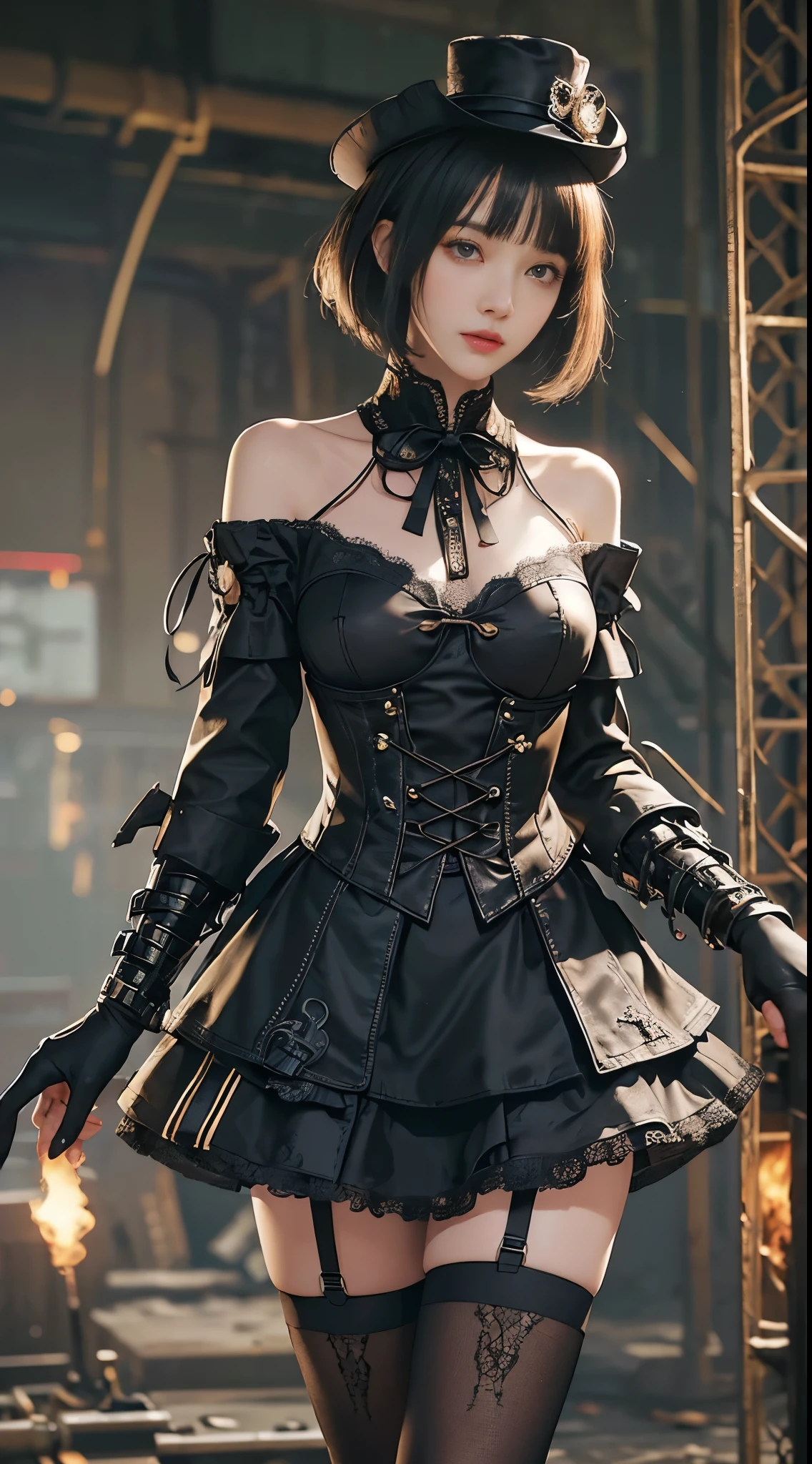 (((masterpiece, highest quality, Super detailed))), 1 female, (((very thin body))) , (((length, thin legs))), (((black short bob, thick fluffy bangs ))), (((highly detailed face))), No cosmetics, small and thin nose, thin mouth with small lips, (((Very sharp focused eyes))), Precise pale gray eyes with large slits, shine like a jewel, length eyelashes, ((Highly decorative intricate mechanical steampunk fashion, Lace Flare Mini Skirt, above the knee lace stockings, Lace Off Shoulder Lolita Fashion, Overly decorative fashion)), Abandoned Night, Complex mechanized steampunk factory catches fire and explodes, (((Overall accuracy has been dramatically improved, creating a Super detailed and realistic image))),  super realistic photos, (((steampunk gun)))
