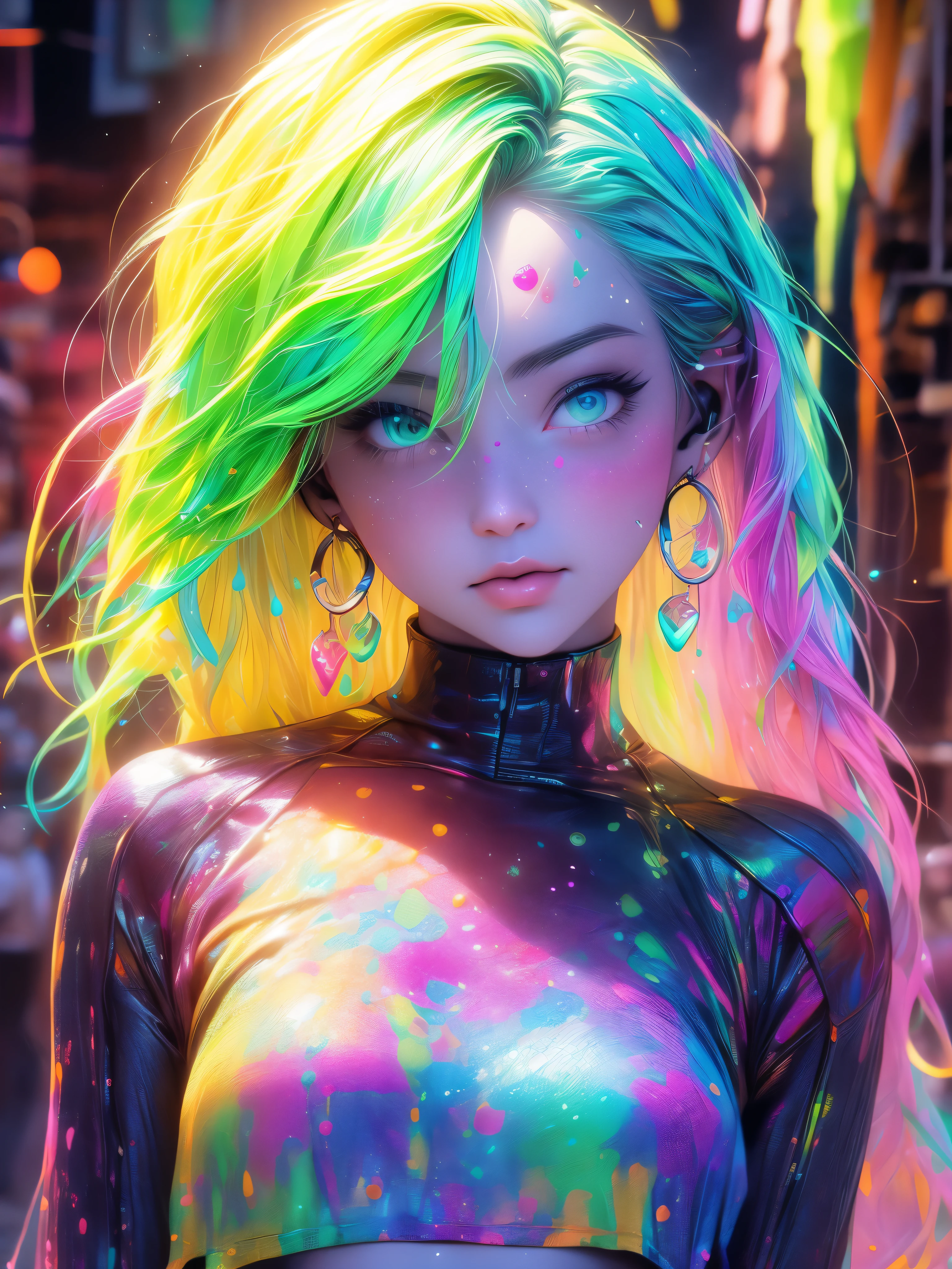 (respingos de tinta),cor colorida do brilho,lamparina,rainbow,ciberpunk,A garota,Olhe para a camera,Garota gosmenta,Flowy tank shorts,contra a parede,grandes olhos redondos,Fofos,