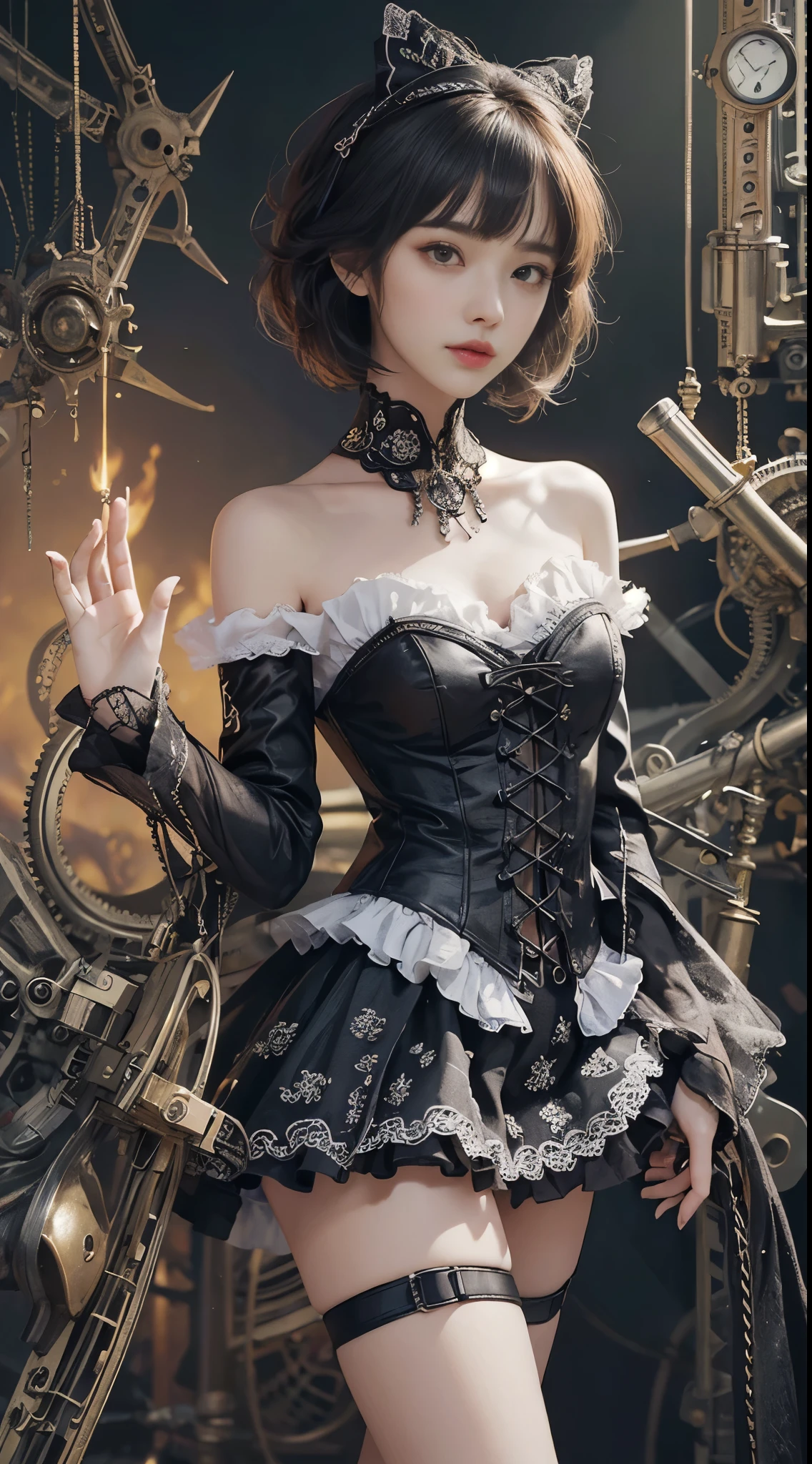 (((masterpiece, highest quality, Super detailed))), 1 female, (((very thin body))) , (((length, thin legs))), (((black short bob, thick fluffy bangs ))), (((highly detailed face))), No cosmetics, small and thin nose, thin mouth with small lips, (((Very sharp focused eyes))), Precise pale gray eyes with large slits, shine like a jewel, length eyelashes, ((Highly decorative intricate mechanical steampunk fashion, Lace Flare Mini Skirt, above the knee lace stockings, Lace Off Shoulder ta Fashion, Overly decorative fashion)), Abandoned Night, Complex mechanized steampunk factory catches fire and explodes, (((Overall accuracy has been dramatically improved, creating a Super detailed and realistic image))), super realistic photos, (((steampunk gun)))
