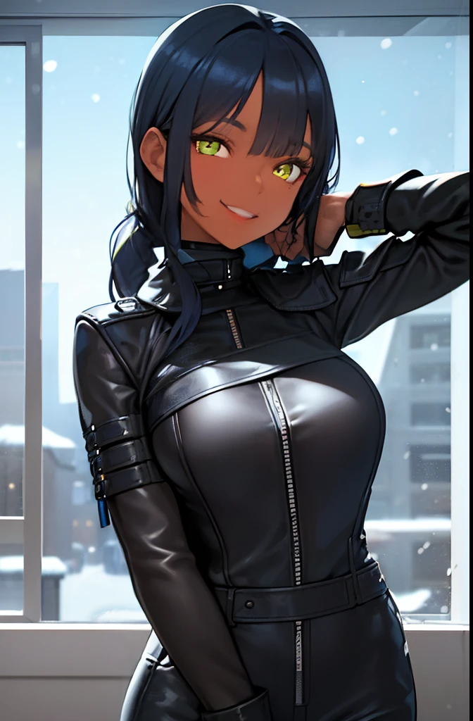 girl with straight dark blue hair, chocolate brown skin, yellow-green eyes. smiling. gray leather jacket rhomboid pattern. black turtleneck shirt with gray-white chokers. winter, window, snowing, blue sky. cinematic, dynamic. Portrait.