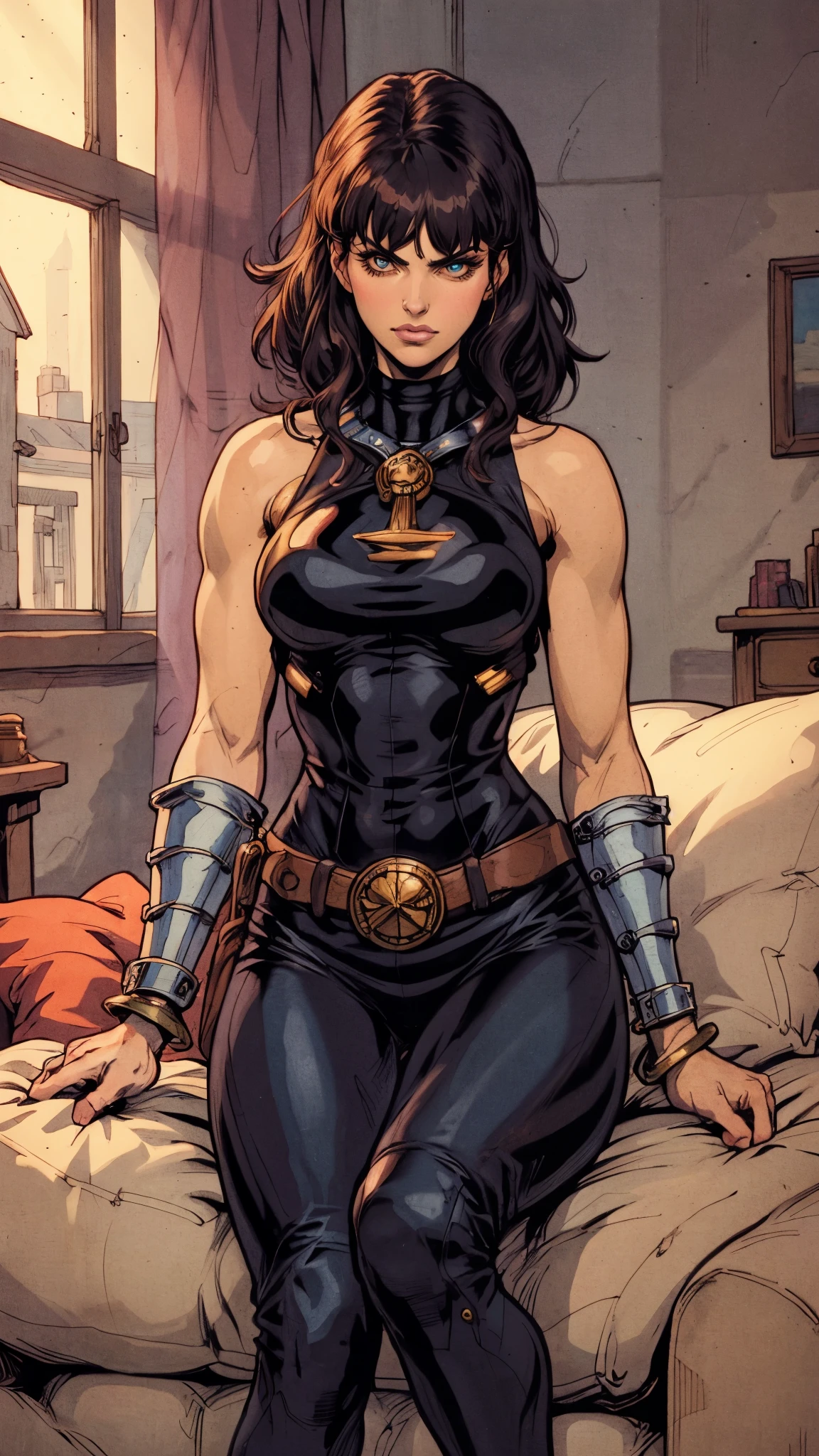 A beautiful woman with long shiny black hair, choppy bangs, a delicate face, a cold proud gaze, a fit figure, a fantasy-style high-necked leather breastplate top, sleeveless, exposes her waist, a bracelet adorns her wrist, tight-fitting leather pants, her right hand holds a longsword with a blue scabbard, she lounges casually sitting on a sofa, this character embodies a finely crafted fantasy-style bounty hunter in anime style, exquisite and mature manga art style, (Alexandra Daddario:1.2), high definition, best quality, highres, ultra-detailed, ultra-fine painting, extremely delicate, professional, anatomically correct, symmetrical face, extremely detailed eyes and face, high quality eyes, creativity, RAW photo, UHD, 32k, Natural light, cinematic lighting, masterpiece-anatomy-perfect, masterpiece:1.5
