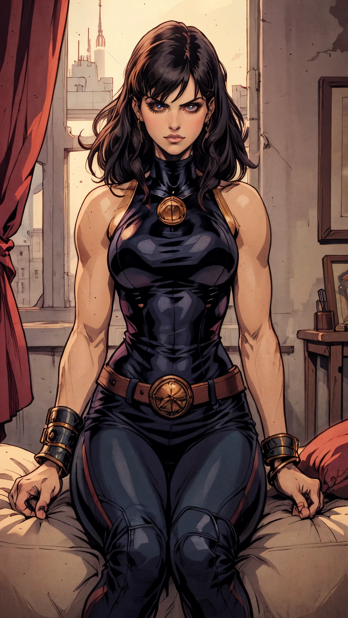 A beautiful woman with long shiny black hair, choppy bangs, a delicate face, a cold proud gaze, a fit figure, a fantasy-style high-necked leather breastplate top, sleeveless, exposes her waist, a bracelet adorns her wrist, tight-fitting leather pants, her right hand holds a longsword with a blue scabbard, she lounges casually sitting on a sofa, this character embodies a finely crafted fantasy-style bounty hunter in anime style, exquisite and mature manga art style, (Alexandra Daddario:1.2), high definition, best quality, highres, ultra-detailed, ultra-fine painting, extremely delicate, professional, anatomically correct, symmetrical face, extremely detailed eyes and face, high quality eyes, creativity, RAW photo, UHD, 32k, Natural light, cinematic lighting, masterpiece-anatomy-perfect, masterpiece:1.5