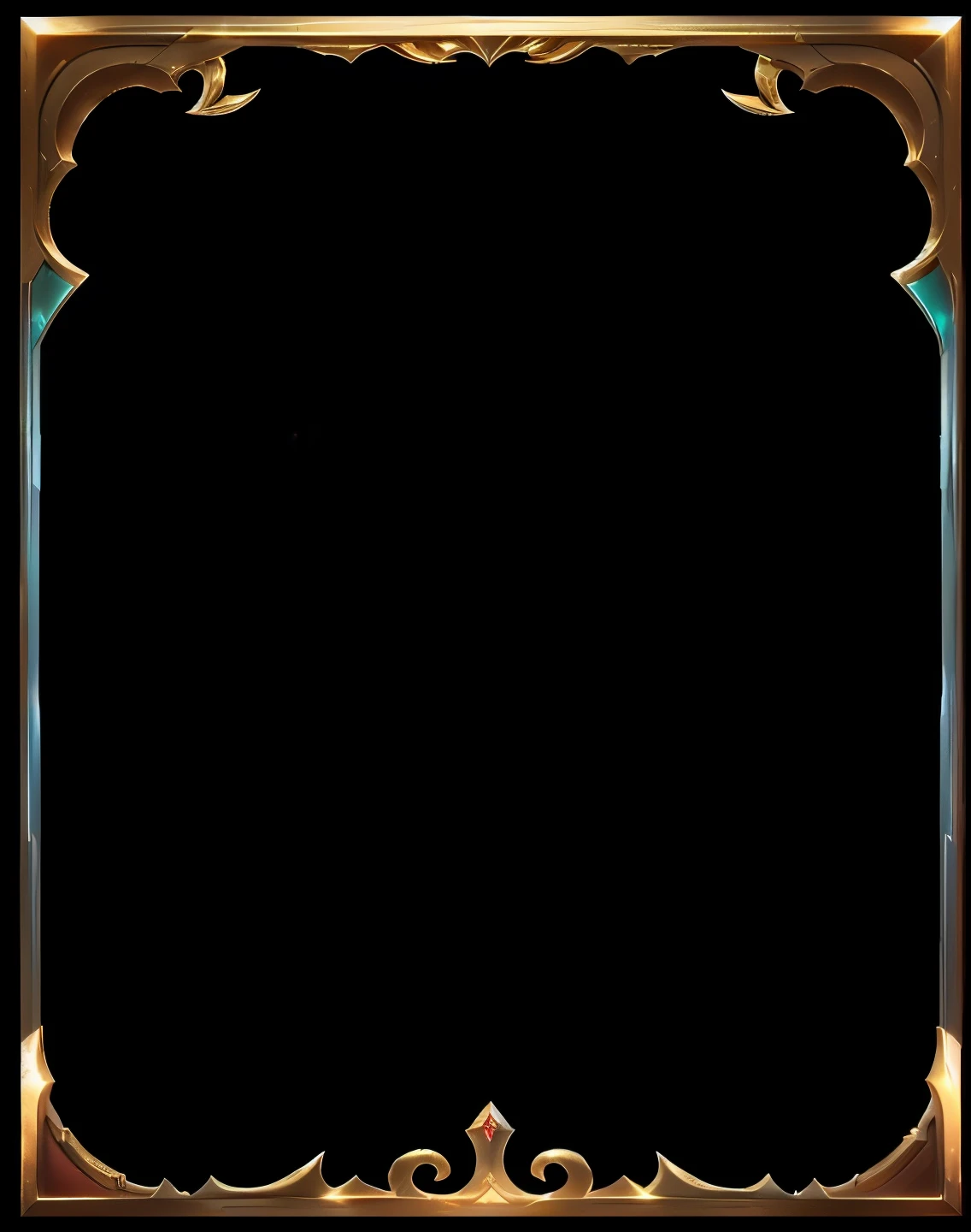 a close up of a gold frame with a black background, game overlay, vertical movie frame, full view blank background, background(solid), background ( dark _ smokiness ), loadscreen, ornate borders + concept art, phone background, cinematic frame, loadscreen”, full screen, black border, cyan gold blank light, old film overlay, dark backgroud