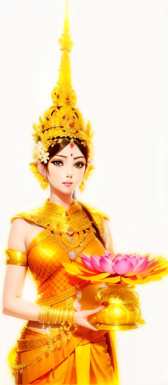 a close up of a woman in a oren dress holding a flower, golden lotus princess, Thailand art, anime Thai girl, 2k, 2k, mariage, déesse de l&#39;amour et de la paix, Thai, une belle impératrice fantastique, oren goddess, sakimi-chan, nivanh chanthara, traditionnel, princesse de l&#39;ancienne dynastie asiatique, or, belles photos d&#39;avatar, bride