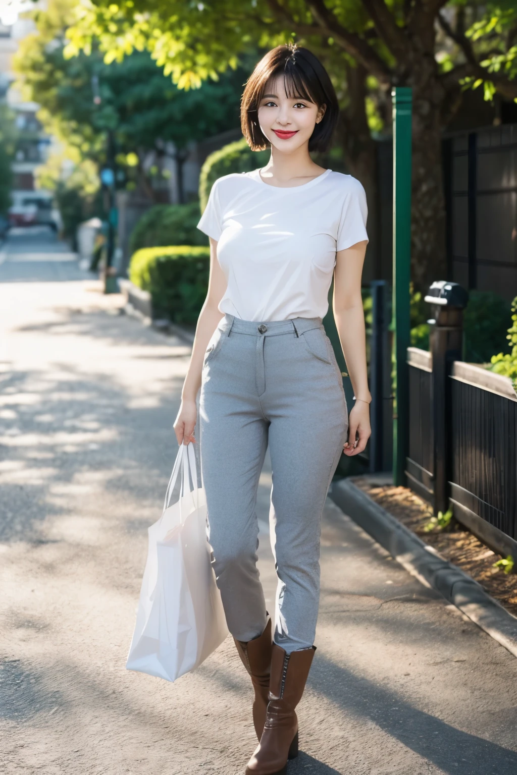 Draw lips correctly, red lipstick, from chest up, best quality, Super detailed, lifelike, Super fine skin, perfect anatomy, (1 日本Mature的女人), (alone)，Wear a white crew neck shirt、， short sleeves，，gray pants，white boots，Holding a green bag in hand，short hair，37-year-old female，Mature，charming smile，outdoor background，stand，Leg length，Chubby，Big breasts，stand up，full-body shot