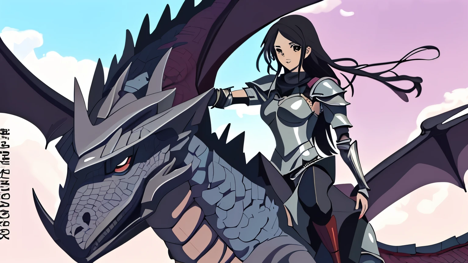 ((Mejor calidad)), ((obra maestra)), (detallado), perfect face sexy anime slim 20 year old woman in knight armor posing full hd 4k anime riding a dragon