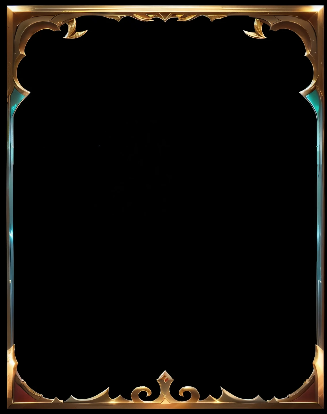 a close up of a gold frame with a black background, game overlay, vertical movie frame, full view blank background, background(solid), background ( dark _ smokiness ), loadscreen, ornate borders + concept art, phone background, cinematic frame, loadscreen”, full screen, black border, cyan gold blank light, old film overlay, dark backgroud