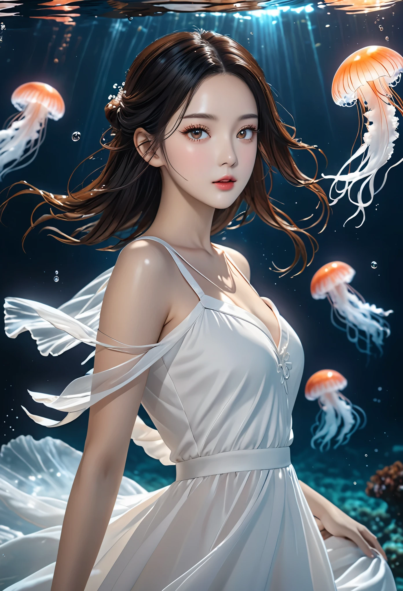shuimu,1girl\(Eyes\(Deep amber,crystal clear,long and delicate eyelashes\),Nose\(Elevated,a slightly upturned nose tip\),Lips\(Rosy color,defined lip line\),Hairstyle\(Black hair,smooth and shiny,slightly wavy at the ends\),Skin\(Fair,blemish-free,as delicate as porcelain\),Clothing\((white long dress,gorgeous):1.5,high fashion photo *****,(look at viewer,floating hair,Underwater,cowboy_shot):1.53\),
Background\((full moon,jellyfish,seawater):1.5\),
masterpiece,best quality,unreal engine 5 rendering,movie light,movie lens,movie special effects,detailed details,HDR,UHD,8K,CG wallpaper