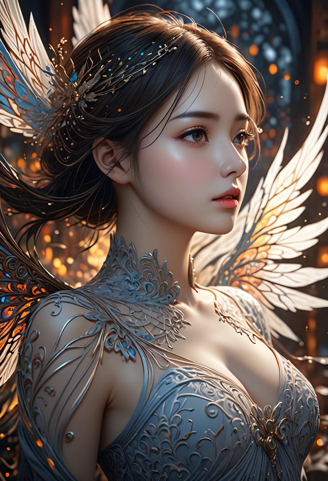 top quality, Pastel painting, Gentle atmosphere, Twin Girl Angel, cute, white wings, Smiling happily, brown short hair in various colors, The one with blue eyes, A person with green eyes, Dresses in different colors, flower headdress, upper body, looking at viewer, space, meteor, light,