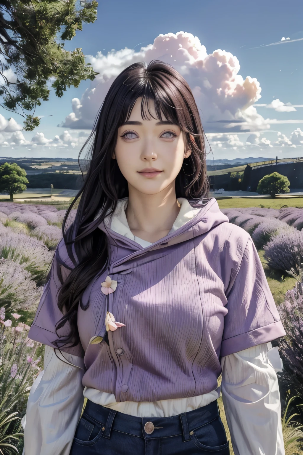 masterpiece, absurdres, hinata\(boruto\), 1girl, solo,mature female, purple hoodie,layered sleeves, brown pants,  outdoors,lavender flower field, looking at viewer, (falling petals), cloudy sky, perfect composition, detailed lips, big breast, beautiful face, body propotion, blush, (pink lips), long hair,  purple eyes,  soft gaze, sad smile,  super realistic, detailed, photoshoot, realistic face and body,  realistic hair, realistic eyes, realistic nose, realistic lips