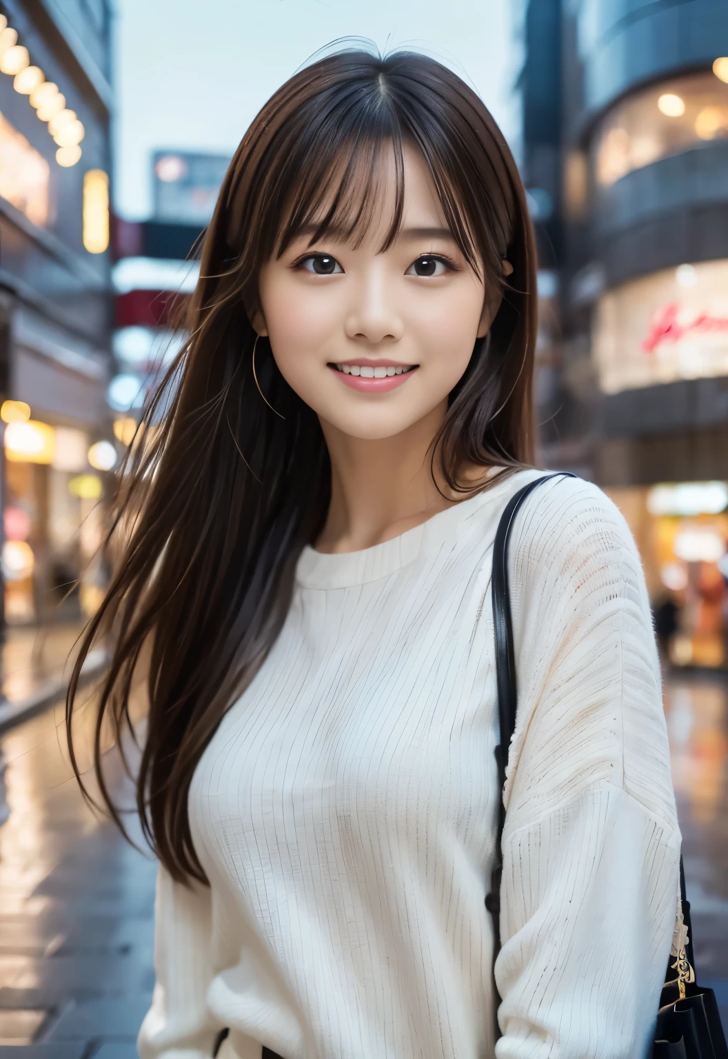 (((Shopping Centre:1.3, outdoor, Photographed from the front))), ((long hair:1.3, white knit,Smile,japanese woman,cute)), (clean, natural makeup), (highest quality, masterpiece:1.3, 超High resolution), (Super detailed, caustics), (realistic:1.4, RAW shooting), very detailed, High resolution, 16K resolution