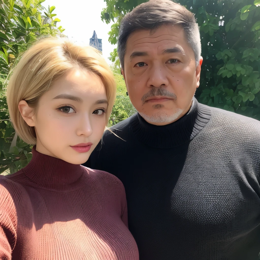 High resolution、High level image quality、high detail、masterpiece、realistic skin,、rough skin、(anatomically correct)、2 people、((women black knit high neck_big breasts)))、((Uncle is cool))、((Japanese 27-year-old woman with short blonde hair and a 70-year-old Japanese man))、((whole body_from head to foot))