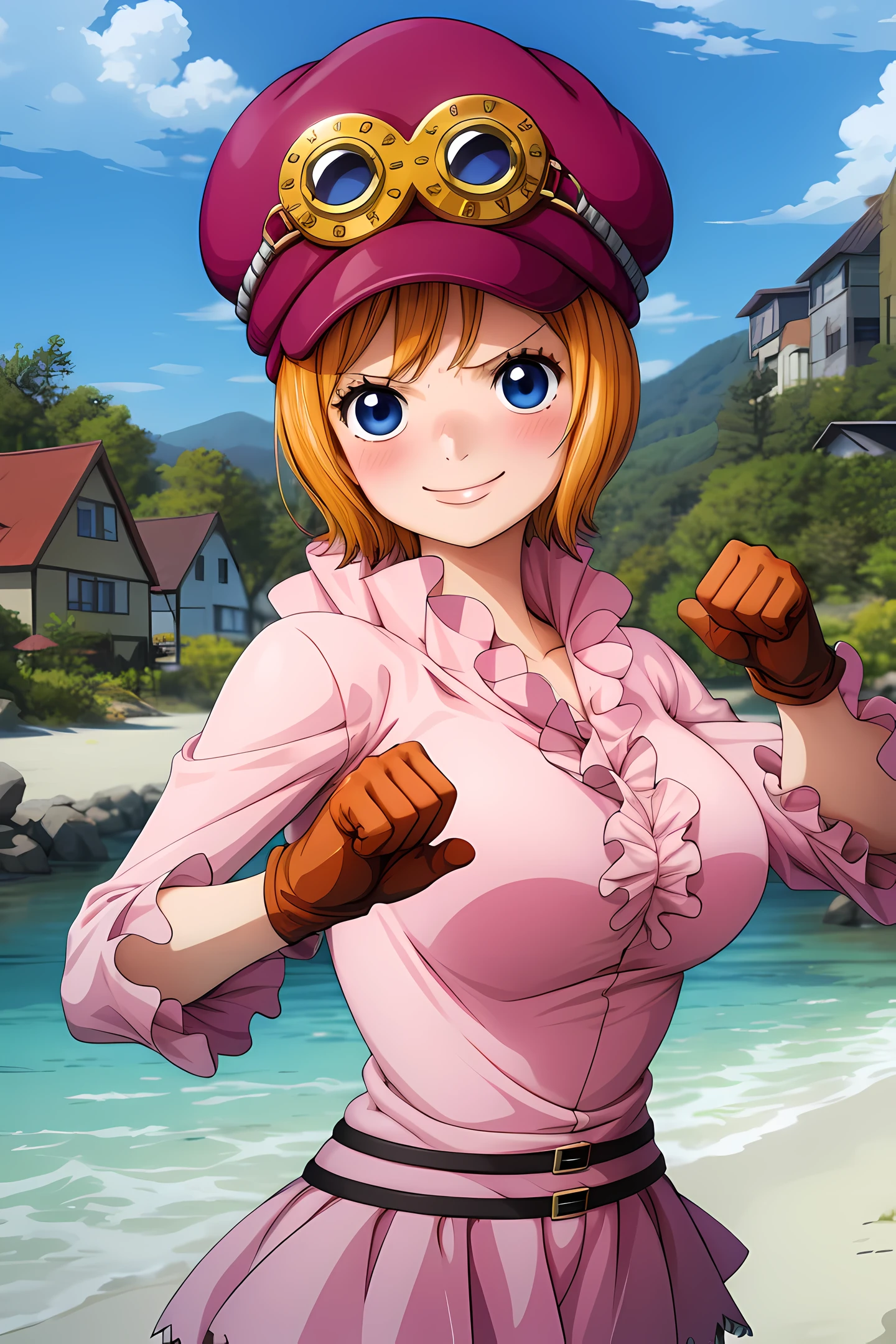 master piece, best quality, 8k, ultra high resolution, highest quality, anime style, best writing, beautiful face, masterpiece、high resolution、Super detailed、koala \(one piece\)、hat、cabbie hat、goggles on hat、short hair、blue eyes、big breasts、shirt、ruffle shirt、pink shirt、gloves、brown gloves、belt、skirt、red skirt、ruffle skirt、outdoor, deserted island, There are a few private houses、(upper body:1.3)、best smile、blush, (fighting pose:1.3)