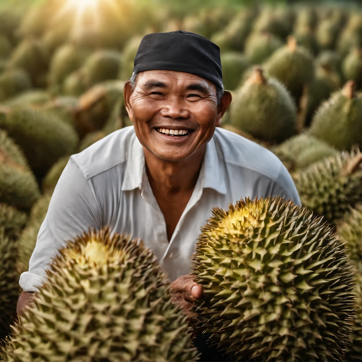 "A picture of a Thai farmer standing and very happy that his durian orchard has produced a good crop this year. The durian fruit's flesh is rich and sweet with a unique aroma. The images are extremely detailed and very sharp. Especially arranging the light path to be more realistic. His face was perfect and showed happiness and contentment. His fingers looked as normal and simple as ever."