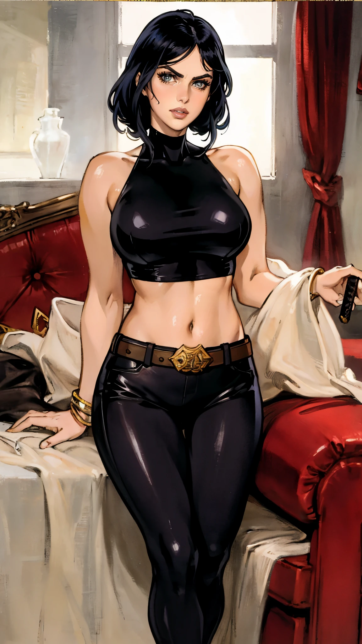 A beautiful woman with long shiny black hair, choppy bangs, a delicate face, a cold proud gaze, a fit figure, a fantasy-style high-necked leather breastplate top, sleeveless, exposes her waist, a bracelet adorns her wrist, tight-fitting leather pants, her right hand holds a Katana with a blue scabbard, she lounges casually sitting on a sofa, this character embodies a finely crafted fantasy-style bounty hunter in anime style, exquisite and mature manga art style, (Alexandra Daddario:1.2), high definition, best quality, highres, ultra-detailed, ultra-fine painting, extremely delicate, professional, anatomically correct, symmetrical face, extremely detailed eyes and face, high quality eyes, creativity, RAW photo, UHD, 32k, Natural light, cinematic lighting, masterpiece-anatomy-perfect, masterpiece:1.5