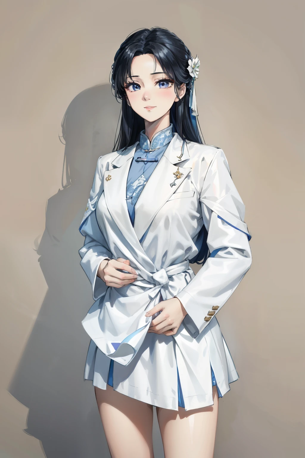 a close up of a woman in a white suit and a blue shirt, Li Zhien, Li Zhien, wearing white suit, Cui Xianhua, Tsai Chongxin style, Shin Min Jung, white suit, Chiho Ajima, louise zhang, full body xianxia, Sun Yunzhu, Minami Zaiwa, Parking Distance-Minute Smile