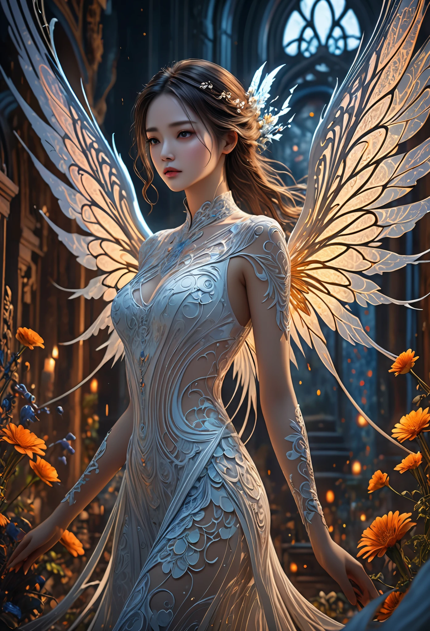 Horror-themed Abstract style, otherworldly being with luminous ethereal wings, radiating an aura of tranquility and grace, body adorned with intricate patterns and delicate lines, evoking a sense of harmony amidst chaos, high detail, award winning masterpiece with incredible details, non-representational, colors and shapes, expression of feelings, imaginative, highly detailed, eerie, unsettling, dark, spooky, suspenseful, grim, highly detailed, RAW photo, best quality, high resolution, (masterpiece), (photorealistic), realistic,professional photography, sharp focus, HDR, 8K resolution, intricate detail, sophisticated detail, depth of field, extremely detailed CG unity 8k wallpaper,