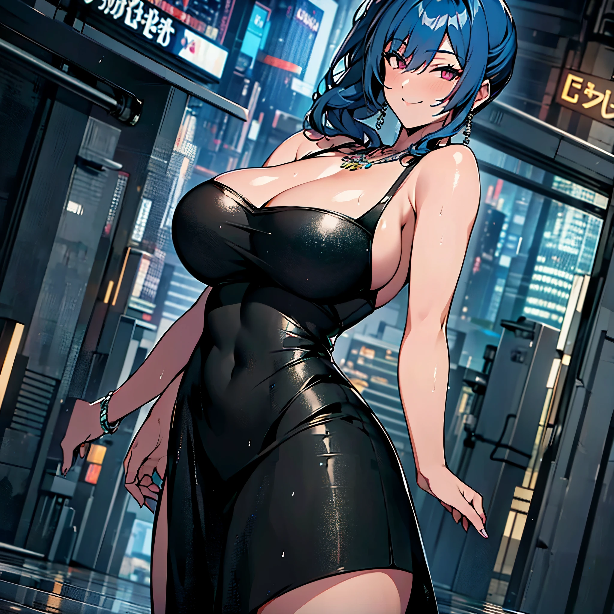 A woman in a big city, at night, with perfect lighting, with a puddle of water on the floor reflecting around her, black dress, big breast, blue hair, ponytail hair, smiling, perfect quality, ultra resolution, masterpiece, well detailed, 4k hd