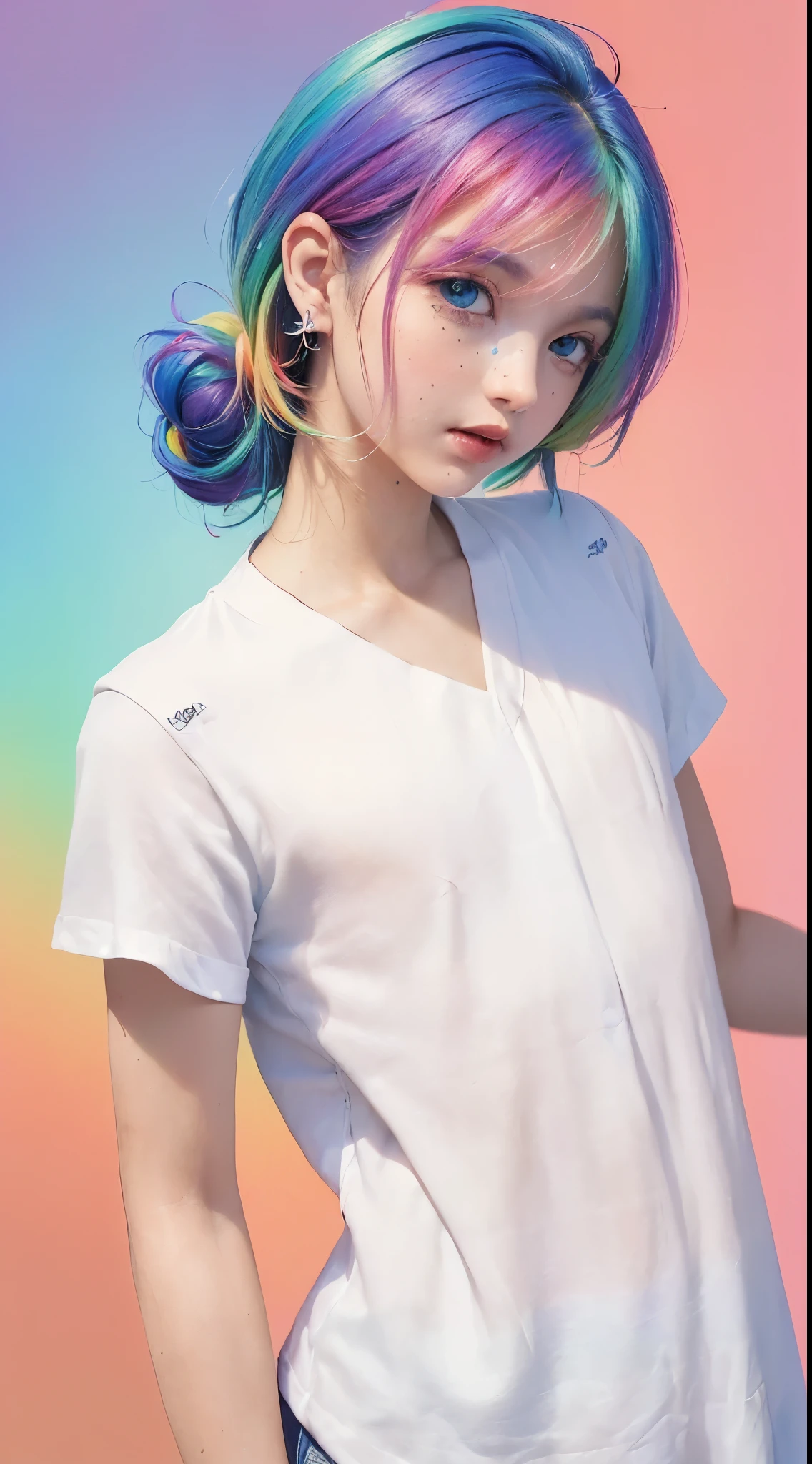 (Camiseta Moda Rosa:1.9),(cabelo colorido: 1.8), (all colors of the rainbow: 1.8),(((((vertical pintaring:1.6))), (pintaring:1.6),frente, comics, illustrations, pintarings, olhos grandes, olhos cristalinos,( rainbow color gradient high ponytail:1.7), maquiagem requintada, boca fechada,(Pequeno fresco: 1.5),(Clean the chest: 1.6) ,long eyelashes, camiseta branca ombro a ombro, camisa de ombro branca,looking at the audience, grandes olhos lacrimejantes, (rainbow colored hair:1.6), respingo de cor, (Sozinho:1.8), respingo de cor, color explosion, thick pintar style, messy lines, ((brilhando)),(colorida), (colorida), (colorida), colorida, Thick pintar Style, (Respingo) (Color Respingo), Vertical pintaring, tronco, pintar Respingo, acrylic pigment, gradiente, pintar, A mais alta qualidade de imagem, Mais alta qualidade, obra de arte, Sozinho, profundidade de campo, Face pintar, colorida clothes, (elegante: 1.2), Maravilhoso,cabelo longo, Vento, (elegante: 1.3), (petals: 1.4),(((obra de arte))),(((Melhor qualidade))),((ultra-detalhado)),(illustration),(dynamic angle),((Flutuando)),(pintar),((cabelo desgrenhado)),(Sozinho),(1 garota) , (((rosto de anima detalhado))),((lindo rosto detalhado)),colarinho,Ombros nus,cabelo branco, ((colorida hair)),((cabelo com mechas)),lindos olhos detalhados,(gradiente color eyes),(((colorida eyes))),(((colorida background))),(((high saturation))),(((surrounded by colorida splashes))),