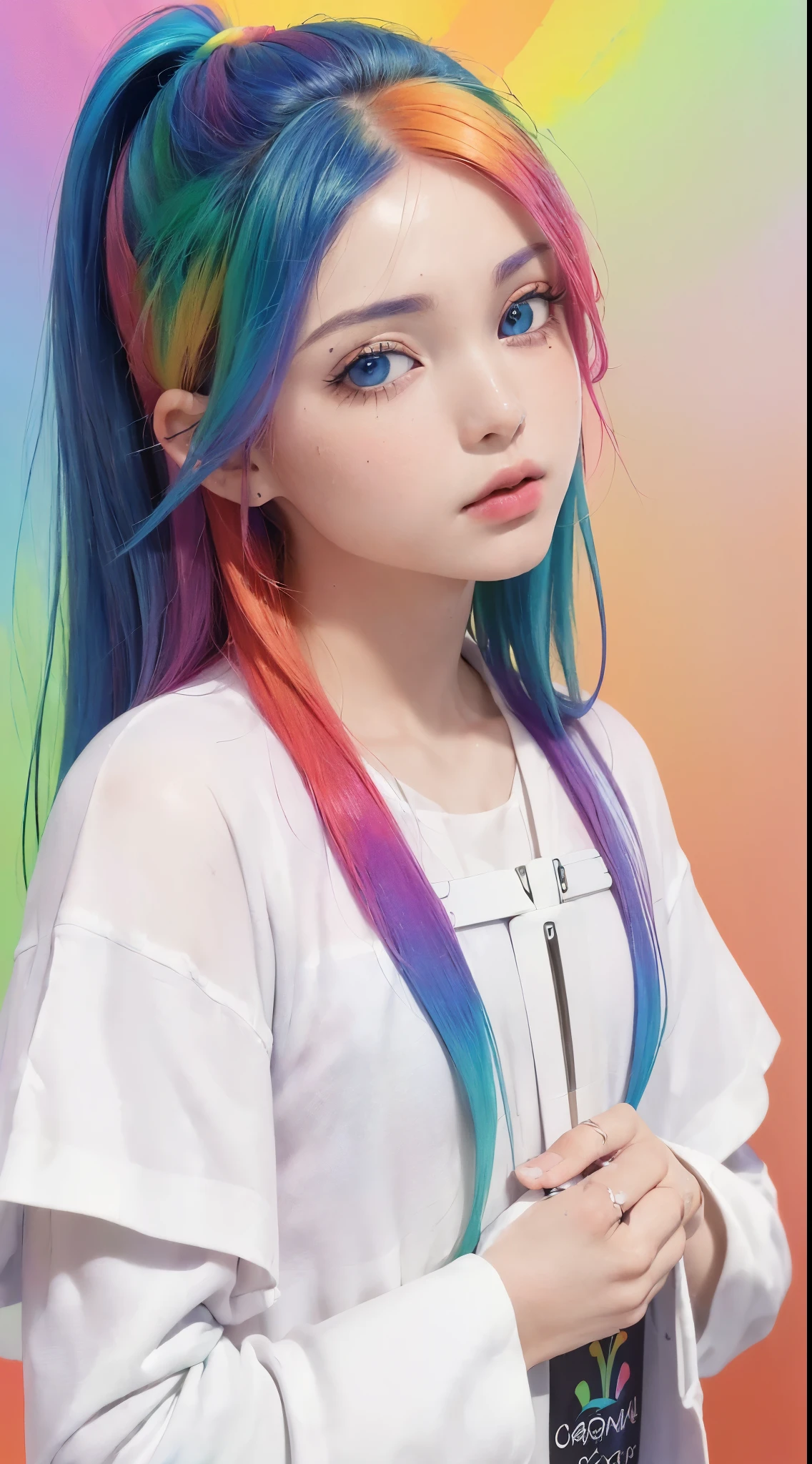 (Camiseta Moda Rosa:1.9),(cabelo colorido: 1.8), (all colors of the rainbow: 1.8),(((((vertical pintaring:1.6))), (pintaring:1.6),frente, comics, illustrations, pintarings, olhos grandes, olhos cristalinos,( rainbow color gradient high ponytail:1.7), maquiagem requintada, boca fechada,(Pequeno fresco: 1.5),(Clean the chest: 1.6) ,long eyelashes, camiseta branca ombro a ombro, camisa de ombro branca,looking at the audience, grandes olhos lacrimejantes, (rainbow colored hair:1.6), respingo de cor, (Sozinho:1.8), respingo de cor, color explosion, thick pintar style, messy lines, ((brilhando)),(colorida), (colorida), (colorida), colorida, Thick pintar Style, (Respingo) (Color Respingo), Vertical pintaring, tronco, pintar Respingo, acrylic pigment, gradiente, pintar, A mais alta qualidade de imagem, Mais alta qualidade, obra de arte, Sozinho, profundidade de campo, Face pintar, colorida clothes, (elegante: 1.2), Maravilhoso,cabelo longo, Vento, (elegante: 1.3), (petals: 1.4),(((obra de arte))),(((Melhor qualidade))),((ultra-detalhado)),(illustration),(dynamic angle),((Flutuando)),(pintar),((cabelo desgrenhado)),(Sozinho),(1 garota) , (((rosto de anima detalhado))),((lindo rosto detalhado)),colarinho,Ombros nus,cabelo branco, ((colorida hair)),((cabelo com mechas)),lindos olhos detalhados,(gradiente color eyes),(((colorida eyes))),(((colorida background))),(((high saturation))),(((surrounded by colorida splashes))),