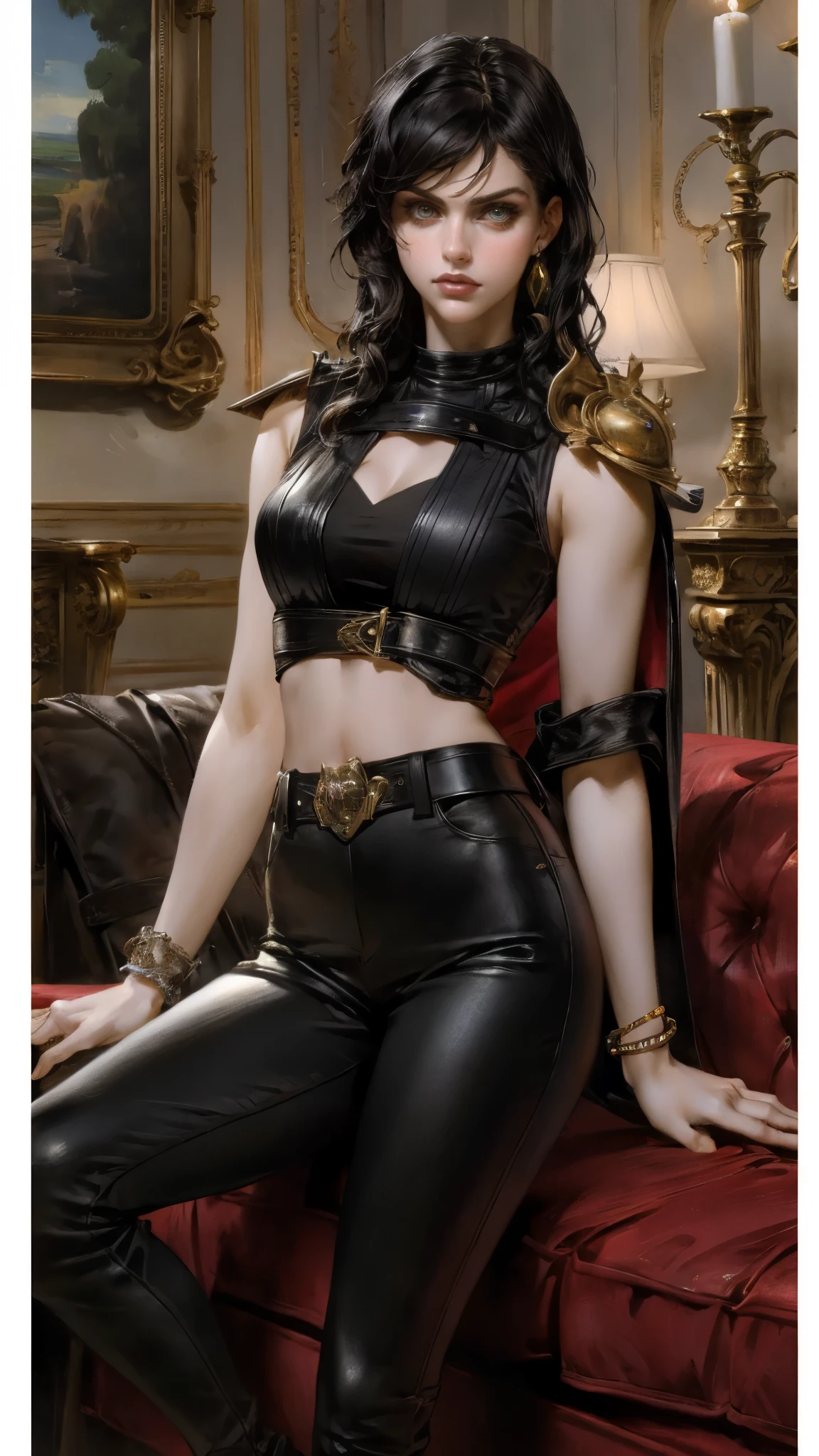 A beautiful woman with long shiny black hair, choppy bangs, a delicate face, a cold proud gaze, a fit figure, a fantasy-style high-necked leather breastplate top, sleeveless, exposes her waist, a bracelet adorns her wrist, tight-fitting leather pants, her right hand holds a Katana with a blue scabbard, she lounges casually sitting on a sofa, this character embodies a finely crafted fantasy-style bounty hunter in anime style, exquisite and mature manga art style, (Alexandra Daddario:1.2), high definition, best quality, highres, ultra-detailed, ultra-fine painting, extremely delicate, professional, anatomically correct, symmetrical face, extremely detailed eyes and face, high quality eyes, creativity, RAW photo, UHD, 32k, Natural light, cinematic lighting, masterpiece-anatomy-perfect, masterpiece:1.5