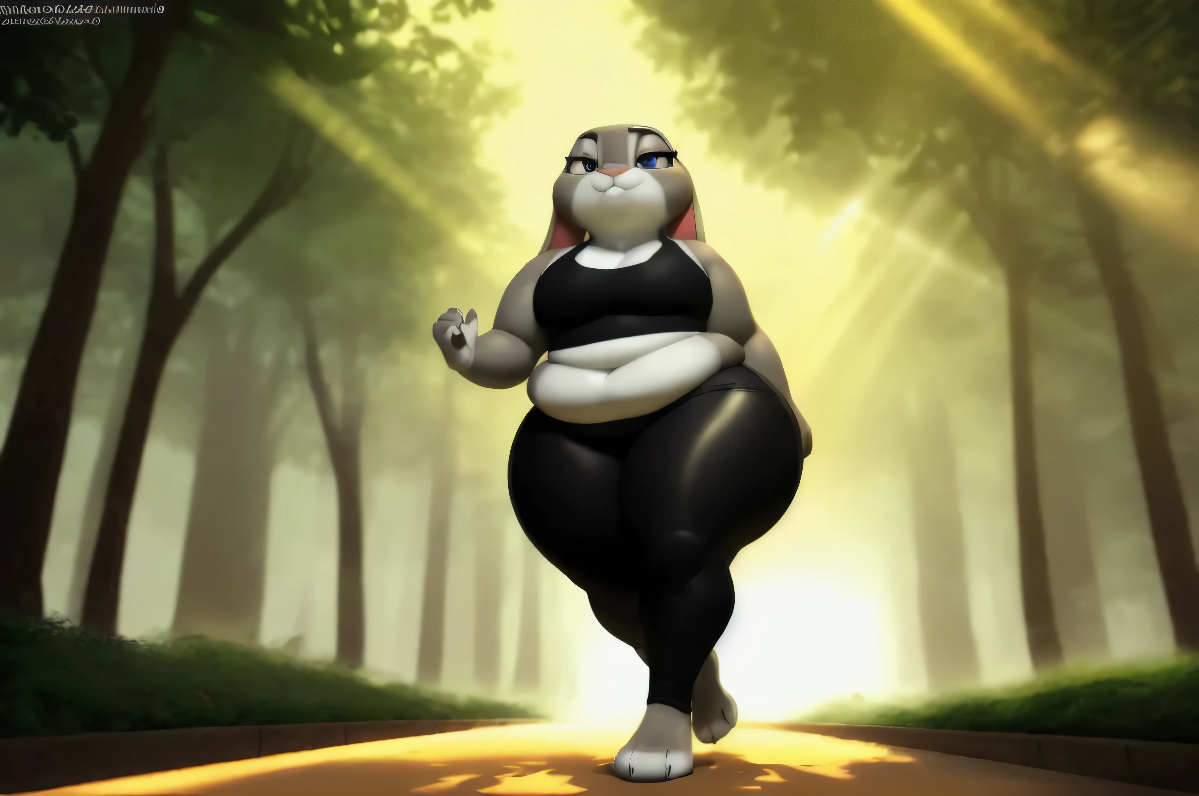 [Judy Hopps], [carregado para e621.liquid; (Pixelsketcher), (wamudraws), (siroque)], ((obra de arte)), ((retrato solo)), ((1 garota)), ((corpo todo)), ((1 garotas)), ((Foto CRU)), ((peludo; antropo)), ((pele detalhada)), ((Ray tracing)), ((sombreamento detalhado)), ((bela arte 3D)), ((ambient lighting)), {antropo rabbit; (pelo cinza, nariz preto, 2 orelhas de coelho multicoloridas), lindos olhos roxos, cansado, (lavender sports bra, black yoga pants, pequeno , Lindas pernas), (beautiful feet; 4 dedos)}, ((Running on the sidewalk; suando) pose atraente), [fundo; (parque; (nascer do sol, sol brilhante, green trees, sun rays through trees], bbw, very fat, obese, big thighs, massive thighs, large waist, cute fat face, fat arms, big 