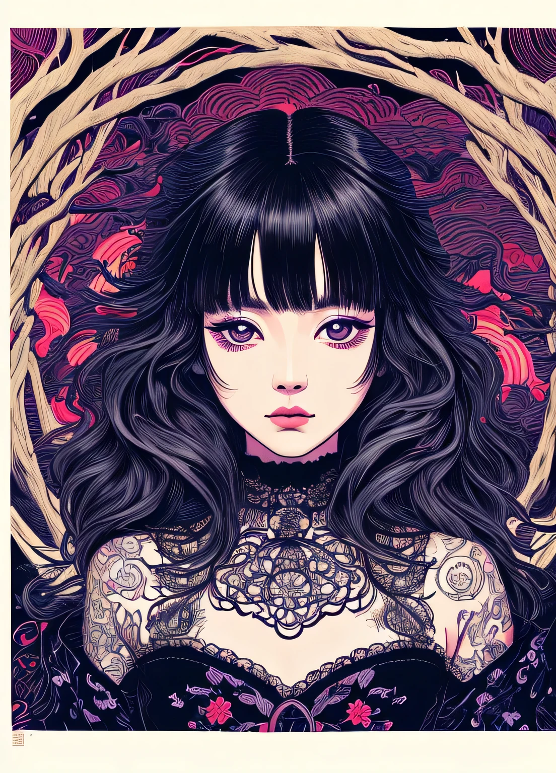 (by Yuko Higuchi:1.4),Higuchi Yuko, (by Yoh:1.2), (masterpiece, best quality, offcial art,Beauty and aesthetics:1.2), (ultra-detailed), finely detail, best illustration, hand drawn high quality,(High contrast), (clean lines:1.3),(lineart), line drawing, (Intricate lines), ligne claire,fractal art,pen drawing,ukiyo-e style,(portrait,above the chest,extremely close-up:1.1), goth girl, , (she is surrounded by dead trees:1.1), big eyes, (wavy air), Wraparound composition, flat chest, mysterious night, (Intricate details),(detailed background:1.2),(colorful), High Resolution, synthwave, glamorous, hard rock, glam metal,