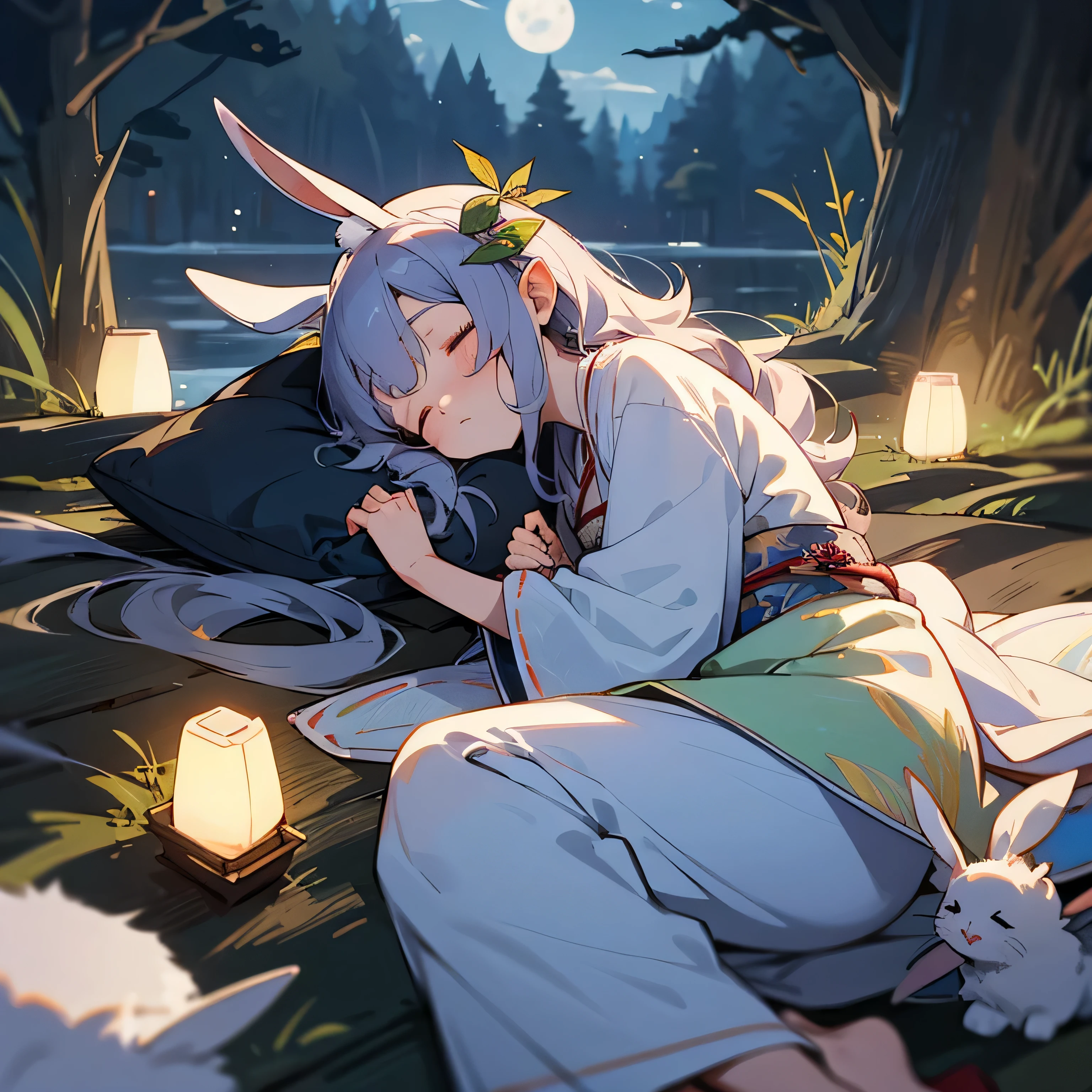 A rabbit fairy wearing a kimono is sleeping，long hairy ears，wonderful，The moonlight is beautiful in the middle of the night