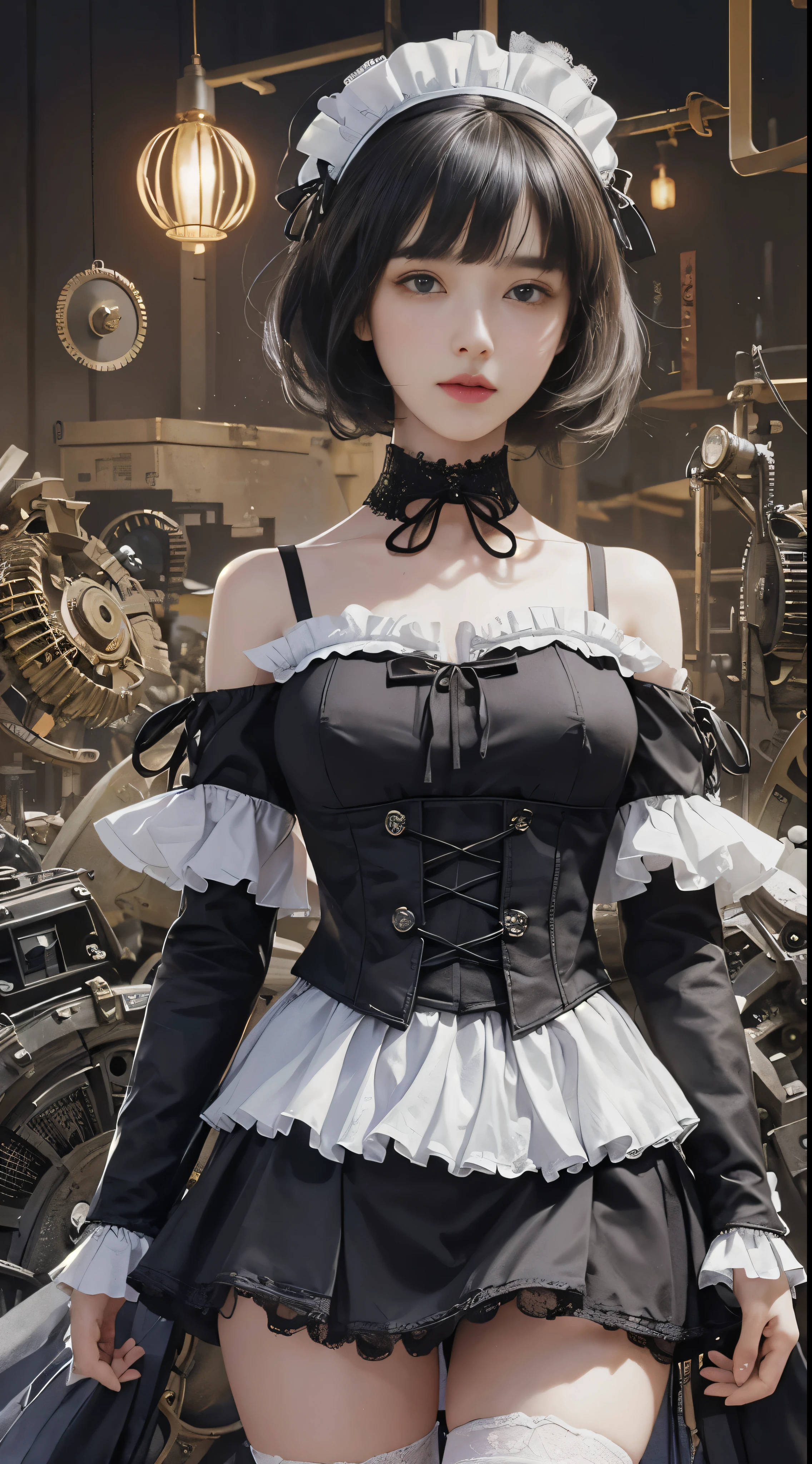 (((masterpiece, highest quality, Super detailed))), 1 female, (((very thin body))) , (((length, thin legs))), (((black short bob, thick fluffy bangs ))), (((highly detailed face))), No cosmetics, small and thin nose, thin mouth with small lips, (((Very sharp focused eyes))), Precise pale gray eyes with large slits, shine like a jewel, length eyelashes, ((Highly decorative intricate mechanical steampunk fashion, Lace Flare Mini Skirt, above the knee lace stockings, Lace Off Shoulder Lolita Fashion, Overly decorative fashion)), Abandoned Night, Complex mechanized steampunk factory catches fire and explodes, (((Overall accuracy has been dramatically improved, creating a Super detailed and realistic image))),  super realistic photos, (((steampunk gun)))