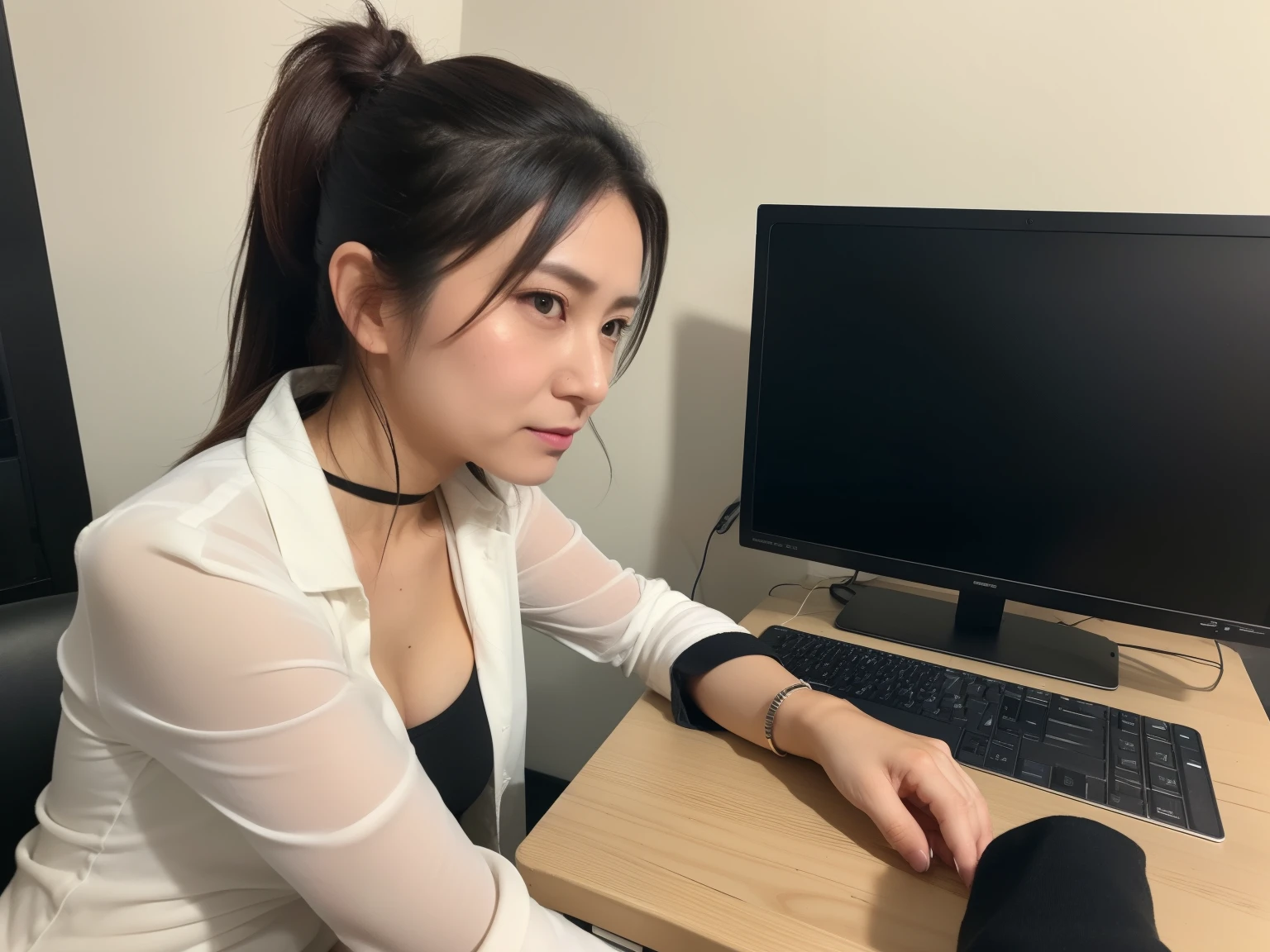 NSFW, ((highest quality)), ((8K)), ((masterpiece:1.3)), (perfect appearance), (photorealism:1.2), ((A woman working on a computer)), japanese woman, (47 years old), married woman, ((Realistic skin texture 1.6)), (Fine wrinkles all over the skin:0.6), (dull skin:1.2), skin that has lost moisture, (wrinkles on the face:1.2), (Wrinkles at the corners of the eyes:1.2), double eyelids, Tear bag on lower eyelid, (Crying Kuroko:0.9), long hair, (先端をワンカールしたlong hair), (hair tied up in a ponytail), Thin blouse with wide neckline, sheer room blouse, cleavage, Flare pants that are tight around the waist, serious look, My eyes are on the laptop on the desk, high heels, (sitting position), work desk, desktop, Chair, file cabinet behind, (high angle:1.5), Focus from the waist up,