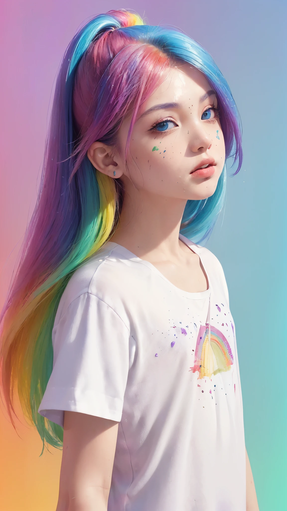 (Camiseta Moda Rosa:1.9),(cabelo colorido: 1.8), (all colors of the rainbow: 1.8),(((((vertical pintaring:1.6))), (pintaring:1.6),frente, comics, illustrations, pintarings, olhos grandes, olhos cristalinos,( rainbow color gradient high ponytail:1.7), maquiagem requintada, boca fechada,(Pequeno fresco: 1.5),(Clean the chest: 1.6) ,long eyelashes, camiseta branca ombro a ombro, camisa de ombro branca,looking at the audience, grandes olhos lacrimejantes, (rainbow colored hair:1.6), respingo de cor, (Sozinho:1.8), respingo de cor, color explosion, thick pintar style, messy lines, ((brilhando)),(colorida), (colorida), (colorida), colorida, Thick pintar Style, (Respingo) (Color Respingo), Vertical pintaring, tronco, pintar Respingo, acrylic pigment, gradiente, pintar, A mais alta qualidade de imagem, Mais alta qualidade, obra de arte, Sozinho, profundidade de campo, Face pintar, colorida clothes, (elegante: 1.2), Maravilhoso,cabelo longo, Vento, (elegante: 1.3), (petals: 1.4),(((obra de arte))),(((Melhor qualidade))),((ultra-detalhado)),(illustration),(dynamic angle),((Flutuando)),(pintar),((cabelo desgrenhado)),(Sozinho),(1 garota) , (((rosto de anima detalhado))),((lindo rosto detalhado)),colarinho,Ombros nus,cabelo branco, ((colorida hair)),((cabelo com mechas)),lindos olhos detalhados,(gradiente color eyes),(((colorida eyes))),(((colorida background))),(((high saturation))),(((surrounded by colorida splashes))),