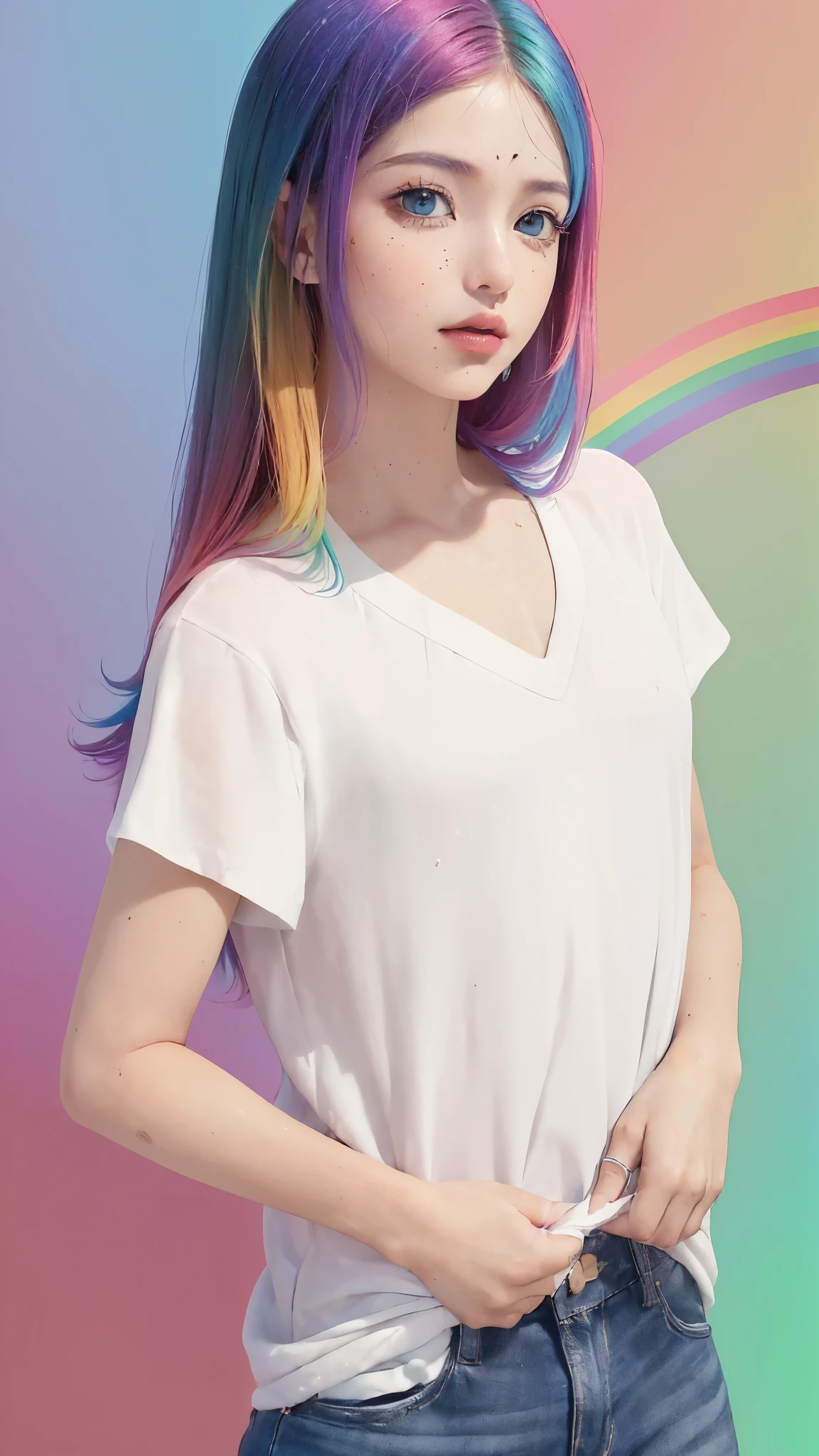 （Camiseta Moda Rosa：1.9），(cabelo colorido: 1.8), (all colors of the rainbow: 1.8),(((((vertical pintaring：1.6))), （pintaring：1.6），frente, comics, illustrations, pintarings, olhos grandes, olhos cristalinos,（ rainbow color gradient high ponytail：1.7）, maquiagem requintada, boca fechada,(Pequeno fresco: 1.5),(Clean the chest: 1.6) ，long eyelashes, camiseta branca ombro a ombro,  camisa de ombro branca，looking at the audience, grandes olhos lacrimejantes, (rainbow colored hair：1.6), respingo de cor, （Sozinho：1.8）, respingo de cor, color explosion, thick pintar style, messy lines, ((brilhando))，(colorida), (colorida), (colorida), colorida, Thick pintar Style, (Respingo) (Color Respingo), Vertical pintaring, tronco, pintar Respingo, acrylic pigment, gradiente, pintar, A mais alta qualidade de imagem, Mais alta qualidade, obra de arte, Sozinho, profundidade de campo, Face pintar,  colorida clothes, (elegante: 1.2), Maravilhoso,cabelo longo, Vento, (elegante: 1.3), (petals: 1.4)，(((obra de arte))),(((Melhor qualidade))),((ultra-detalhado)),(illustration),(dynamic angle),((Flutuando)),(pintar),((cabelo desgrenhado)),(Sozinho),(1 garota) , (((rosto de anima detalhado))),((lindo rosto detalhado)),colarinho,Ombros nus,cabelo branco, ((colorida hair)),((cabelo com mechas)),lindos olhos detalhados,(gradiente color eyes),(((colorida eyes))),(((colorida background))),(((high saturation))),(((surrounded by colorida splashes))),