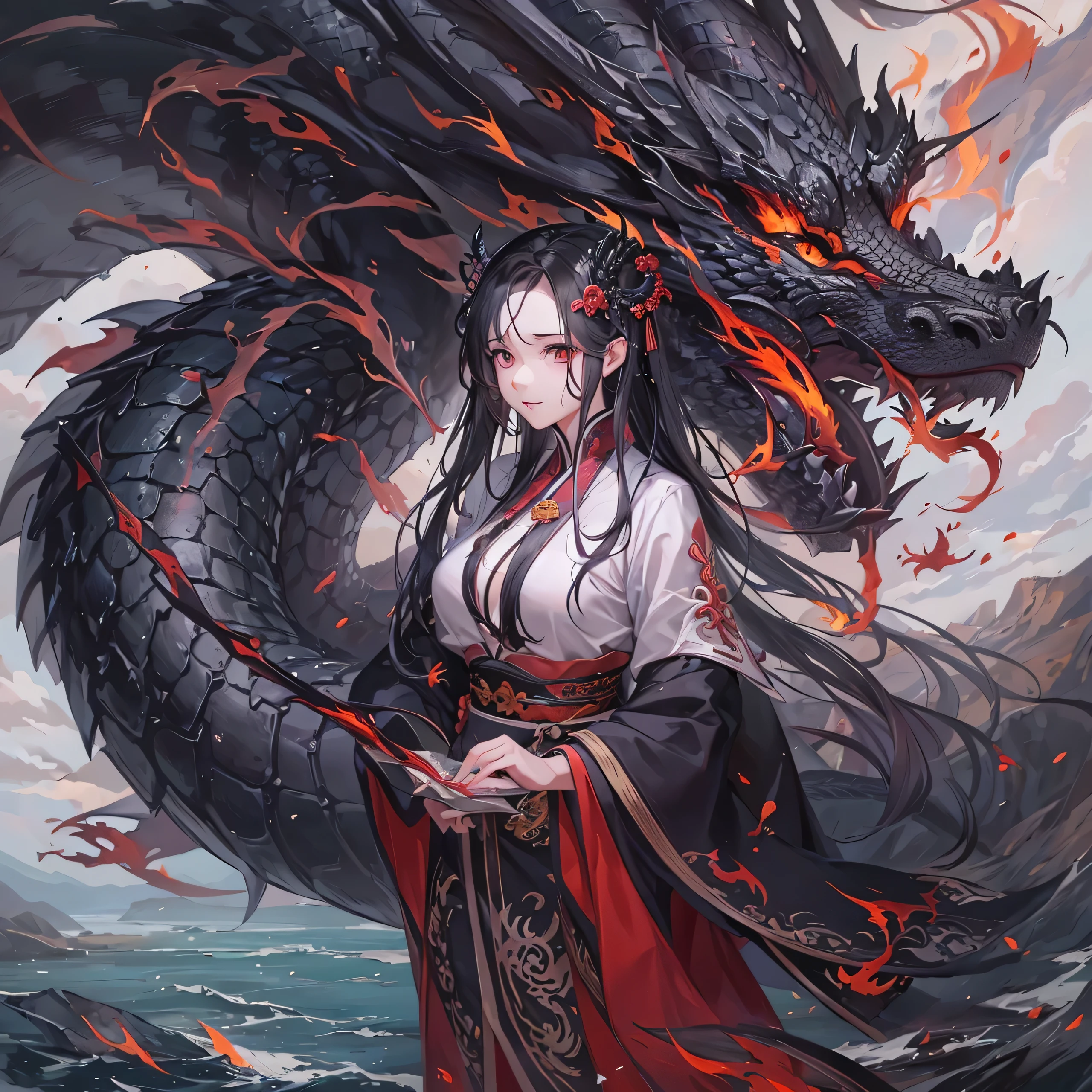 ((4k,masterpiece,highest quality)), Shuimobisim, traditional chinese ink painting, lotus, Hanfu, maxi kit, dress modestly, alone, black long hair, Braid,transparent hair, translucent hair, silky hair, shiny hair, translucent eyes, beautiful brown eyes, smile, Are standing, feet in the water, barefoot,break,dragon, madeon,(concentration line, speed lines:1.1),A picture of a dragon with a big head and big wings, d&ddragon art commission, magnificent dragon, white dragon, alduin, giant dragon as background, wyvern, legendary dragon, huge dragon in the background, majestic gothic dragon, scarred dragon, like a dragon, dragon、our seeds,anime, dragon, fantasy, artwork, artwork, artwork, artwork, artwork, artwork, painting, painting, painting, painting, painting, painting, battle with dragon, dragon in the background, by ヤン・J, man with the soul of a dragon, fighting a dragon, dragon art, i just saw a huge dragon, By Ryan Yee, epic dragon, by Li Zai,(devil, dark,evil,blood and flame:1.5), (black and red:1.4)