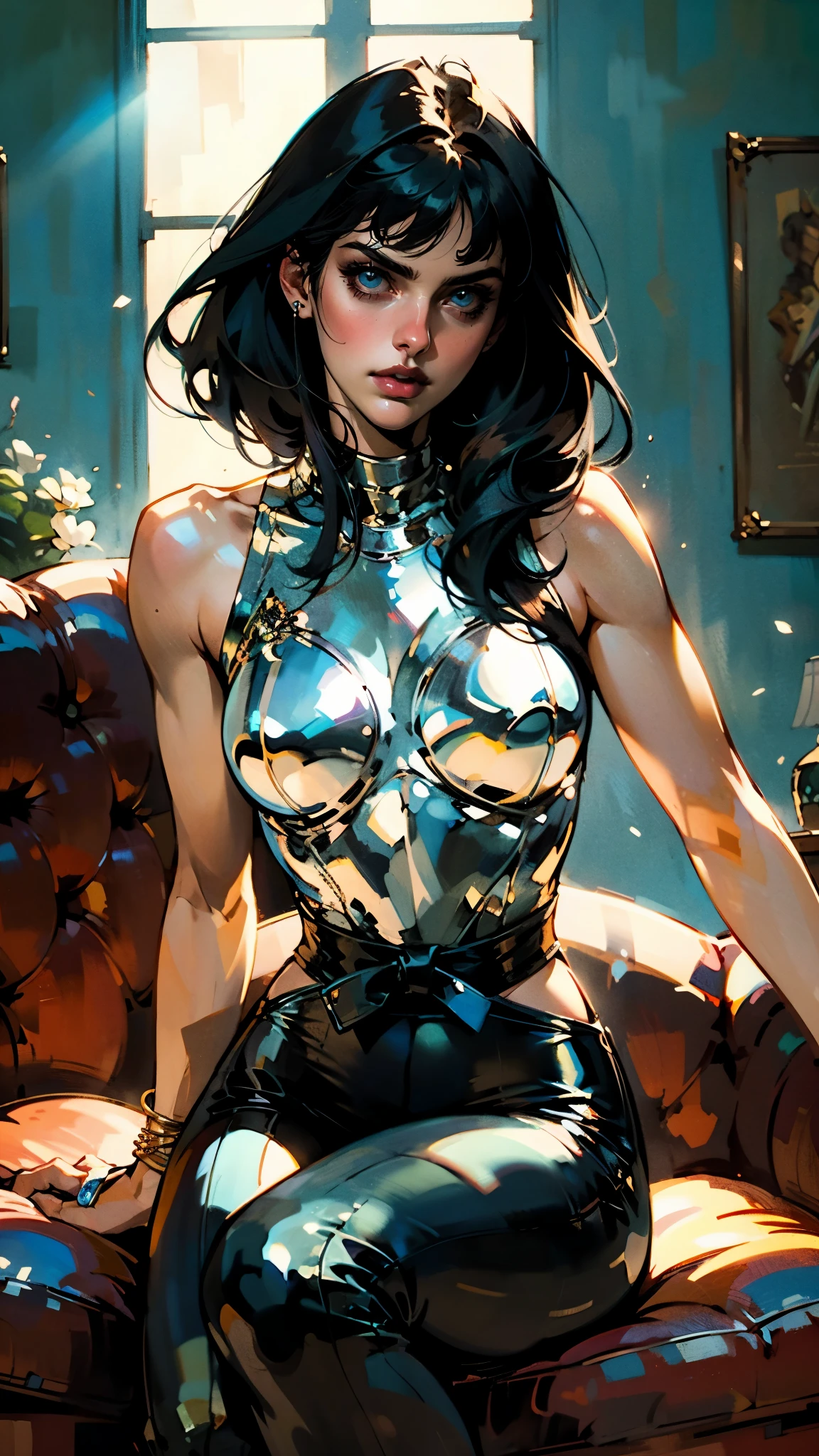 A beautiful woman with long shiny black hair, choppy bangs, a delicate face, a cold proud gaze, a fit figure, a fantasy-style high-necked leather breastplate top, sleeveless, exposes her waist, a bracelet adorns her wrist, tight-fitting leather pants, her right hand holds a Katana with a blue scabbard, she lounges casually sitting on a sofa, this character embodies a finely crafted fantasy-style bounty hunter in anime style, exquisite and mature manga art style, (Alexandra Daddario:1.2), high definition, best quality, highres, ultra-detailed, ultra-fine painting, extremely delicate, professional, anatomically correct, symmetrical face, extremely detailed eyes and face, high quality eyes, creativity, RAW photo, UHD, 32k, Natural light, cinematic lighting, masterpiece-anatomy-perfect, masterpiece:1.5