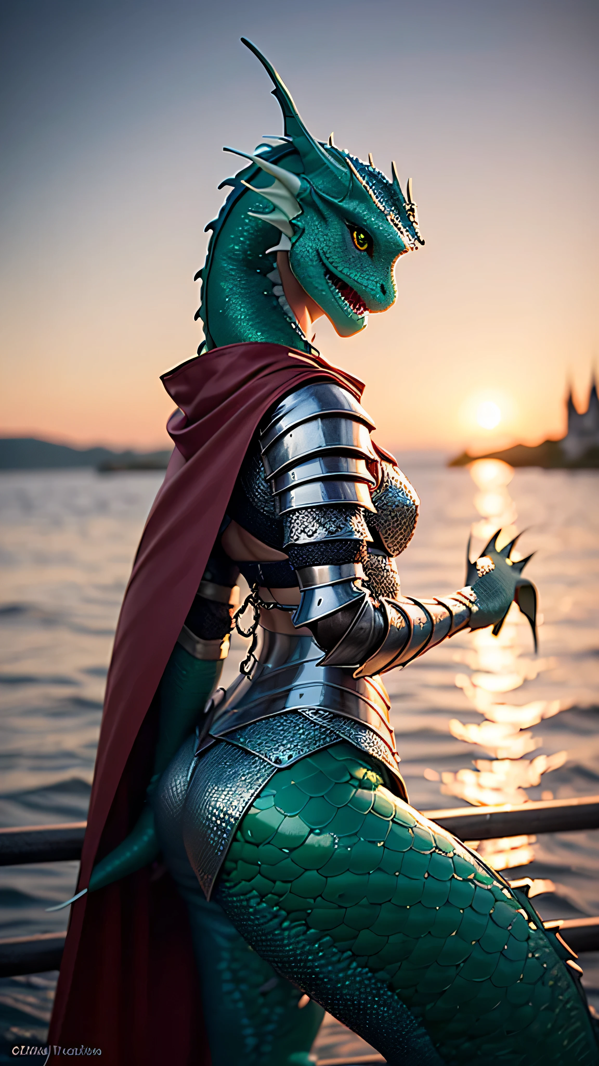 (masterpiece), (extremely intricate:1.3), (realistic), female (((anthropomorphic (GREEN sea DRAGON, medieval armor, perfectchainmail)))), dynamic pose, sharp focus, dramatic, award winning, cinematic lighting, volumetrics dtx, (film grain, blurry background, blurry foreground, bokeh, depth of field, sunset, interaction, castle in the distance ((iridescent red cape)))