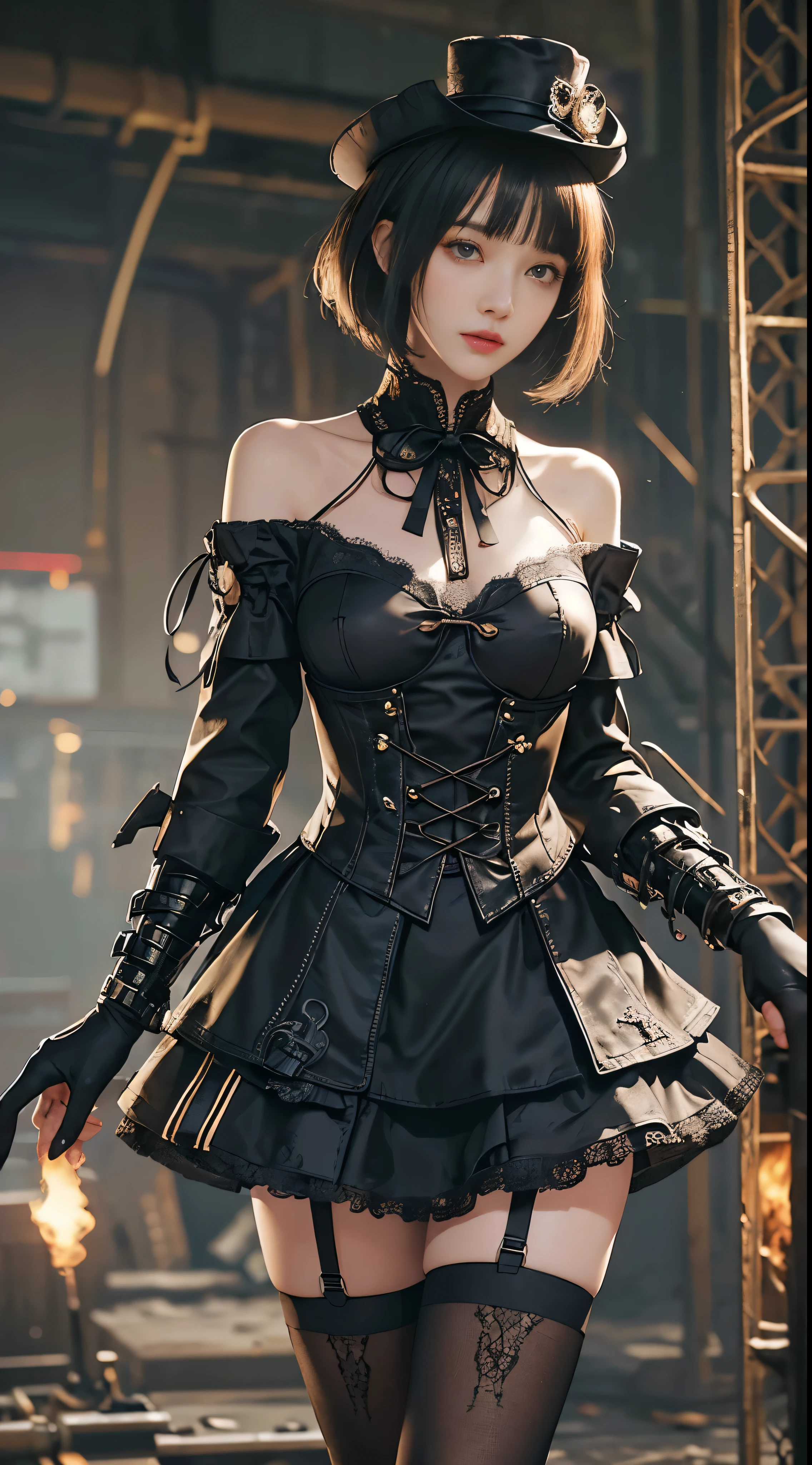 (((masterpiece, highest quality, Super detailed))), 1 female, (((very thin body))) , (((length, thin legs))), (((black short bob, thick fluffy bangs ))), (((highly detailed face))), No cosmetics, small and thin nose, thin mouth with small lips, (((Very sharp focused eyes))), Precise pale gray eyes with large slits, shine like a jewel, length eyelashes, ((Highly decorative intricate mechanical steampunk fashion, Lace Flare Mini Skirt, above the knee lace stockings, Lace Off Shoulder Lolita Fashion, Overly decorative fashion)), Abandoned Night, Complex mechanized steampunk factory catches fire and explodes, (((Overall accuracy has been dramatically improved, creating a Super detailed and realistic image))), super realistic photos, (((steampunk gun)))