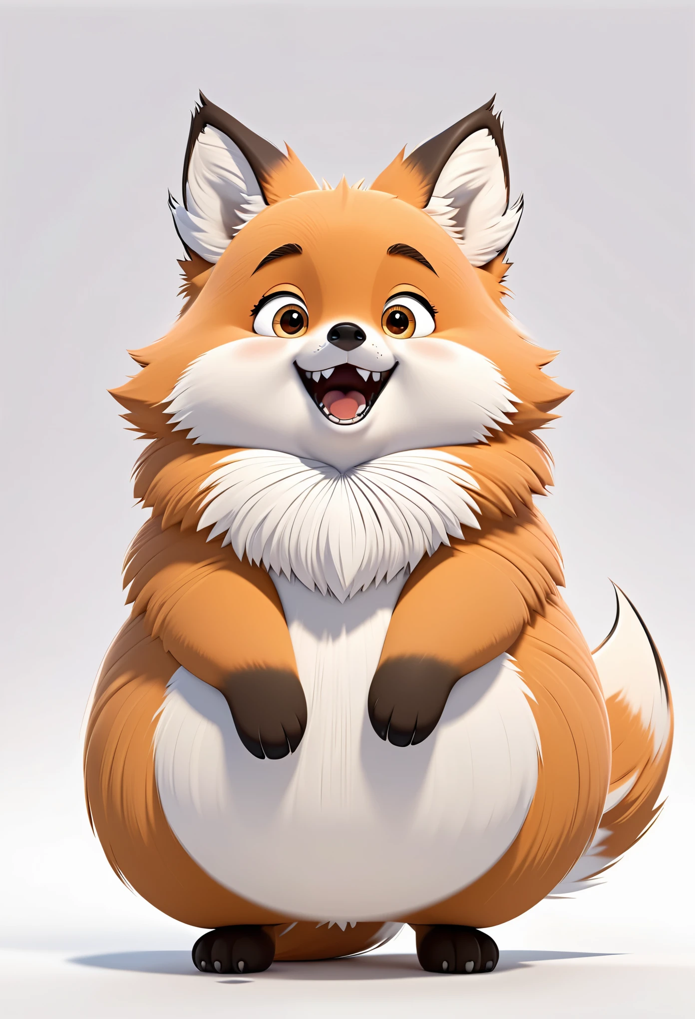 photo,c4d,Chubby,cute,big fluffy belly fox,small head,a bit fluffy and soft fur,funny facial expression,exaggerated movement,Front view,white background,a bit fluffy,elongated shapes,cartoon style,minimalist,illustration,pixar,chaos,stylized original,stylized 200,