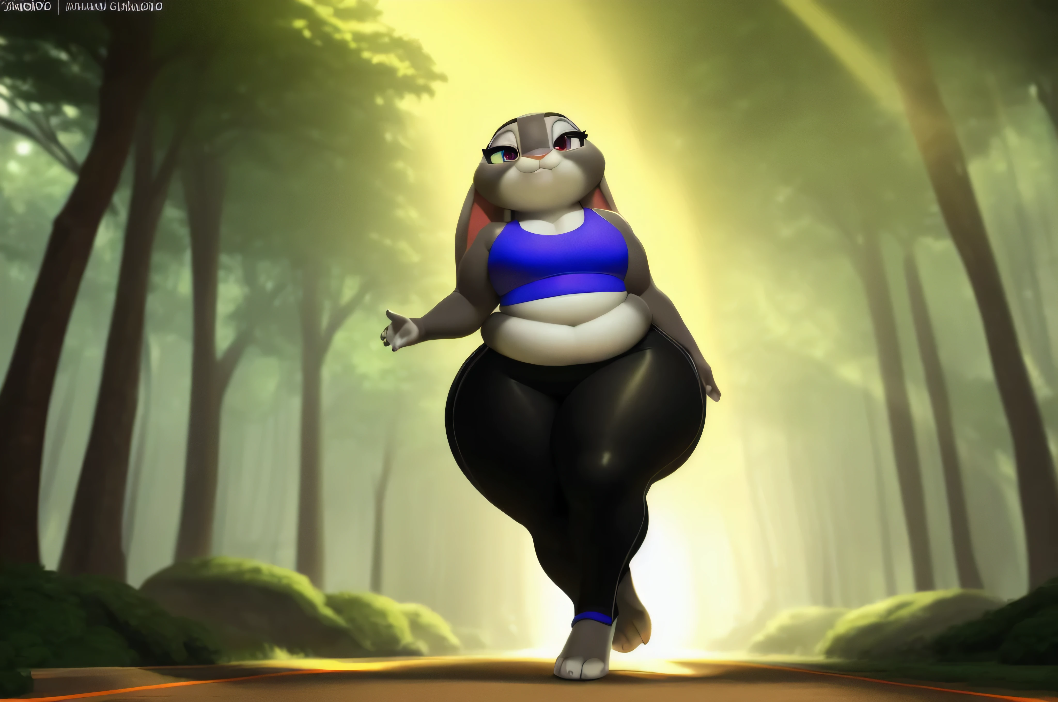 [Judy Hopps], [carregado para e621.liquid; (Pixelsketcher), (wamudraws), (siroque)], ((obra de arte)), ((retrato solo)), ((1 garota)), ((corpo todo)), ((1 garotas)), ((Foto CRU)), ((peludo; antropo)), ((pele detalhada)), ((Ray tracing)), ((sombreamento detalhado)), ((bela arte 3D)), ((ambient lighting)), {antropo rabbit; (pelo cinza, nariz preto, 2 orelhas de coelho multicoloridas), lindos olhos roxos, cansado, (lavender sports bra, black yoga pants, pequeno , Lindas pernas), (beautiful feet; 4 dedos)}, ((Running on the sidewalk; suando) pose atraente), [fundo; (parque; (nascer do sol, sol brilhante, green trees, sun rays through trees], bbw, very fat, obese, big thighs, massive thighs, large waist, cute fat face, fat arms, big 