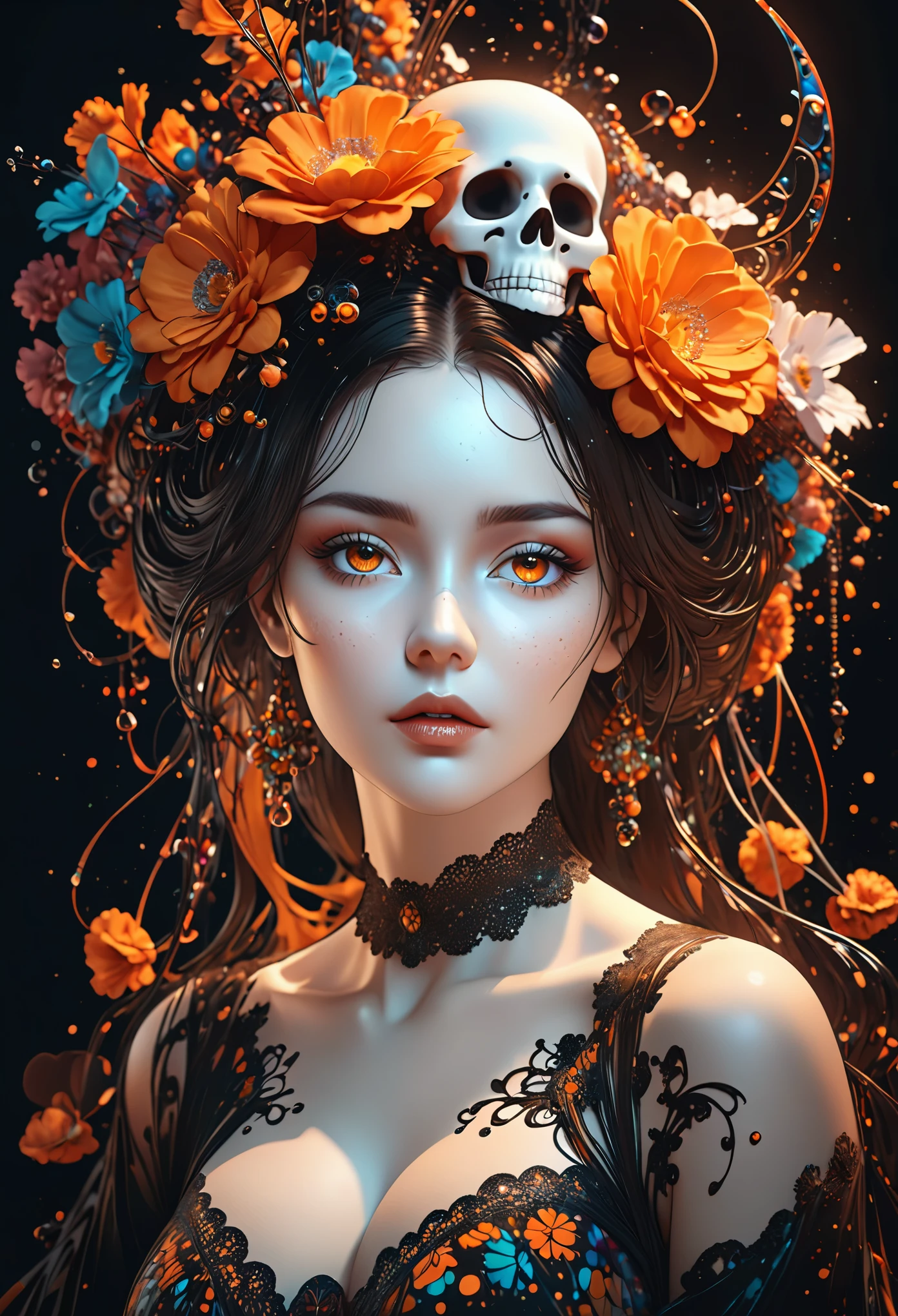 Santa Muerte,best quality,digital painting,extremely smooth,fluid,3d fractals,light particles,dreamy,smooth,shimmering,dreamy glow,conceptual art by alberto seveso,anna dittmann,arthur rackham,harmonious color scheme,32k,Wet black and orange color inks line art dreamy female portrait with lot of lace filigrees on black canvas illustration described in the perfect fractal style of Vassily Kandinsky,Jackson Pollock,Alphonse Mucha and Jeremy Mann,HQ,4K Modifiers:4K 3D,
(look at the audience with your eyes:2),(perfect chest:2),